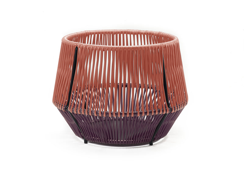 The Ames Caribe Chic Basket 2 is a modern, round basket with vertical pink and purple recycled plastic strands on a black frame—a stylish outdoor storage solution.