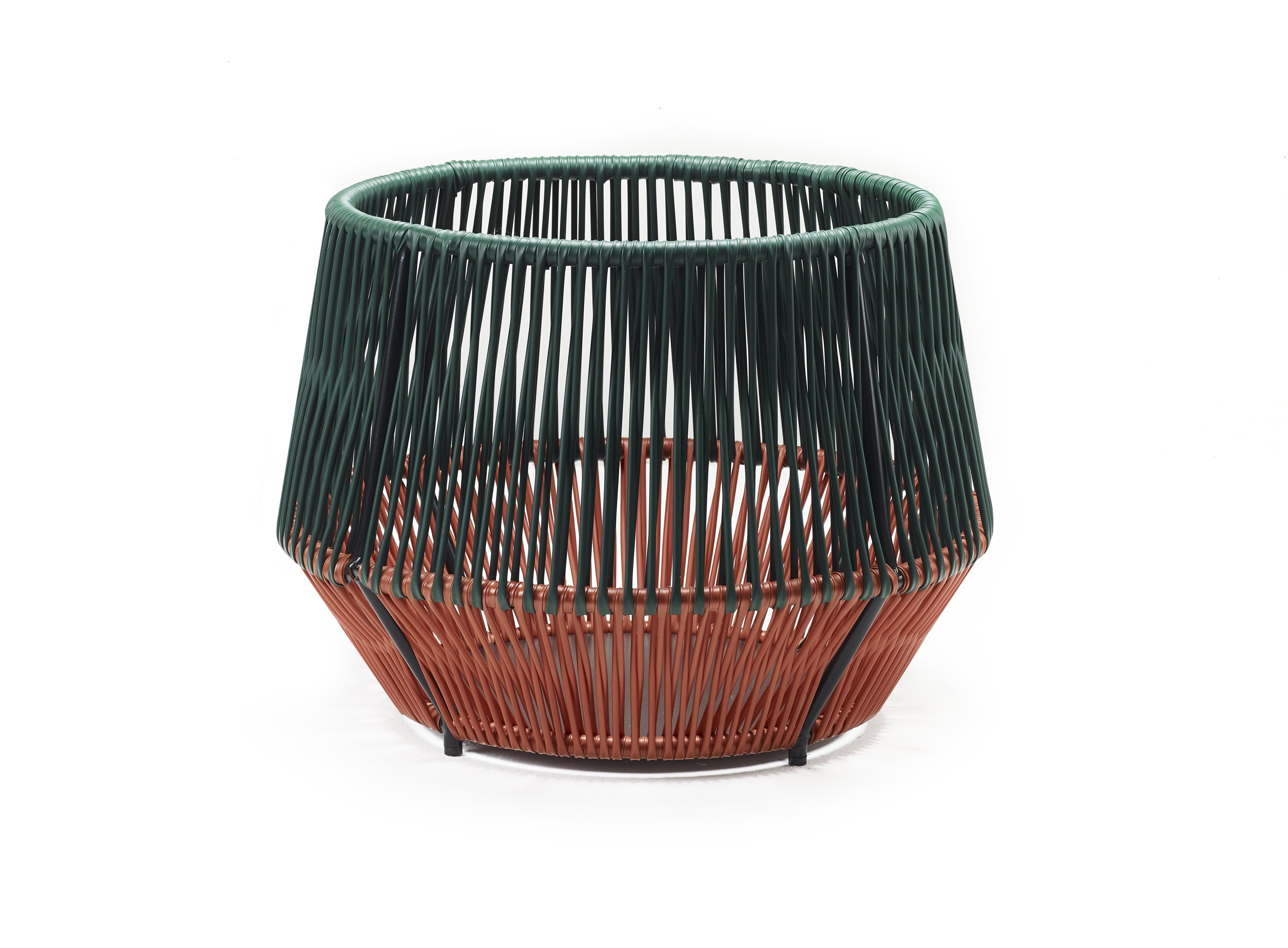 The Ames Caribe Chic Basket 2 features a modern round design with vertical woven threads—dark green on top, rust orange below—crafted from recycled plastic baskets, displayed against a white background.