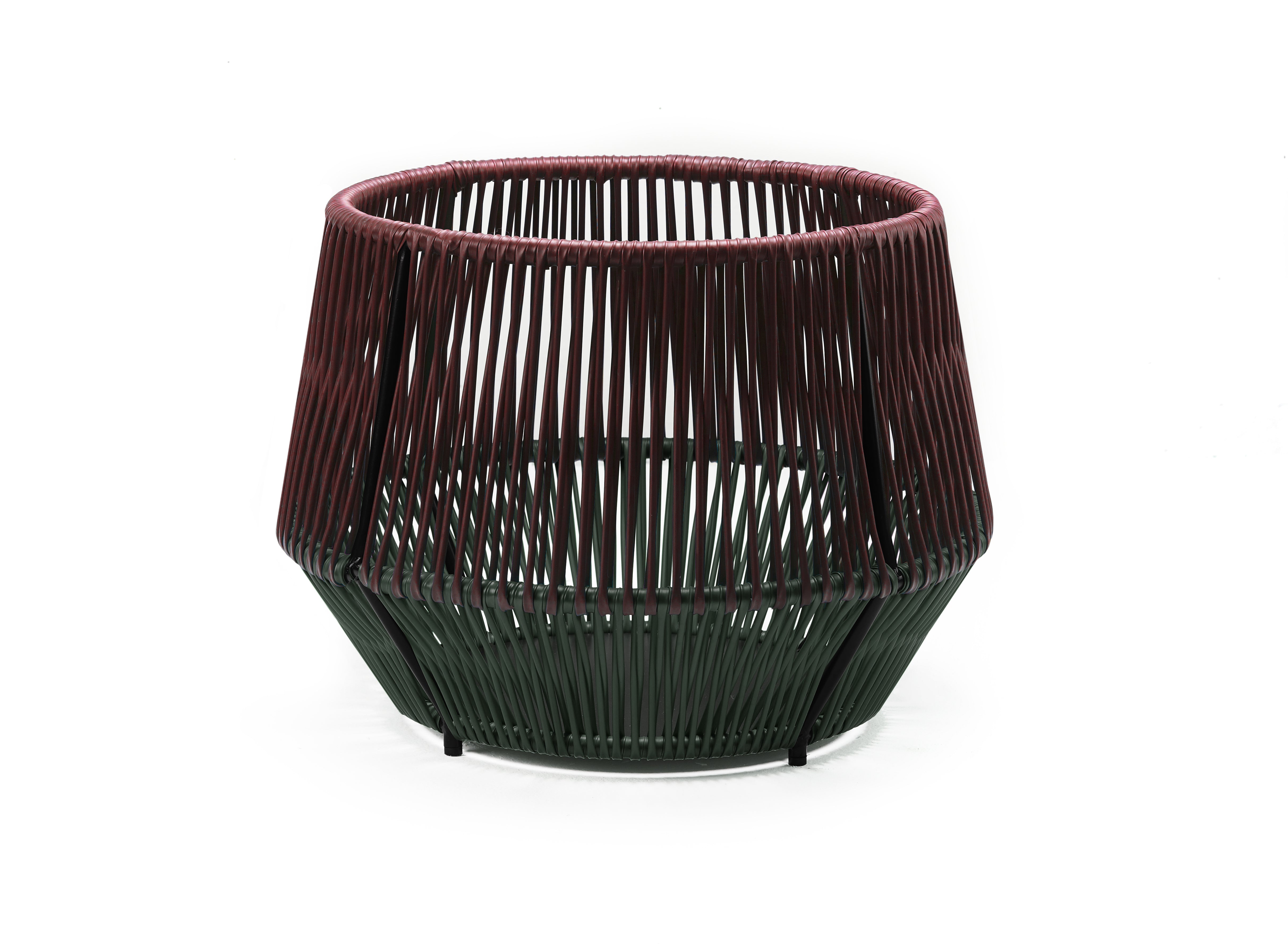 The Ames Caribe Chic Basket 2 is a round, open-weave basket with reddish-brown and dark green vertical rods, a wide top, narrow base, and no handles—ideal as stylish outdoor storage against a white background.