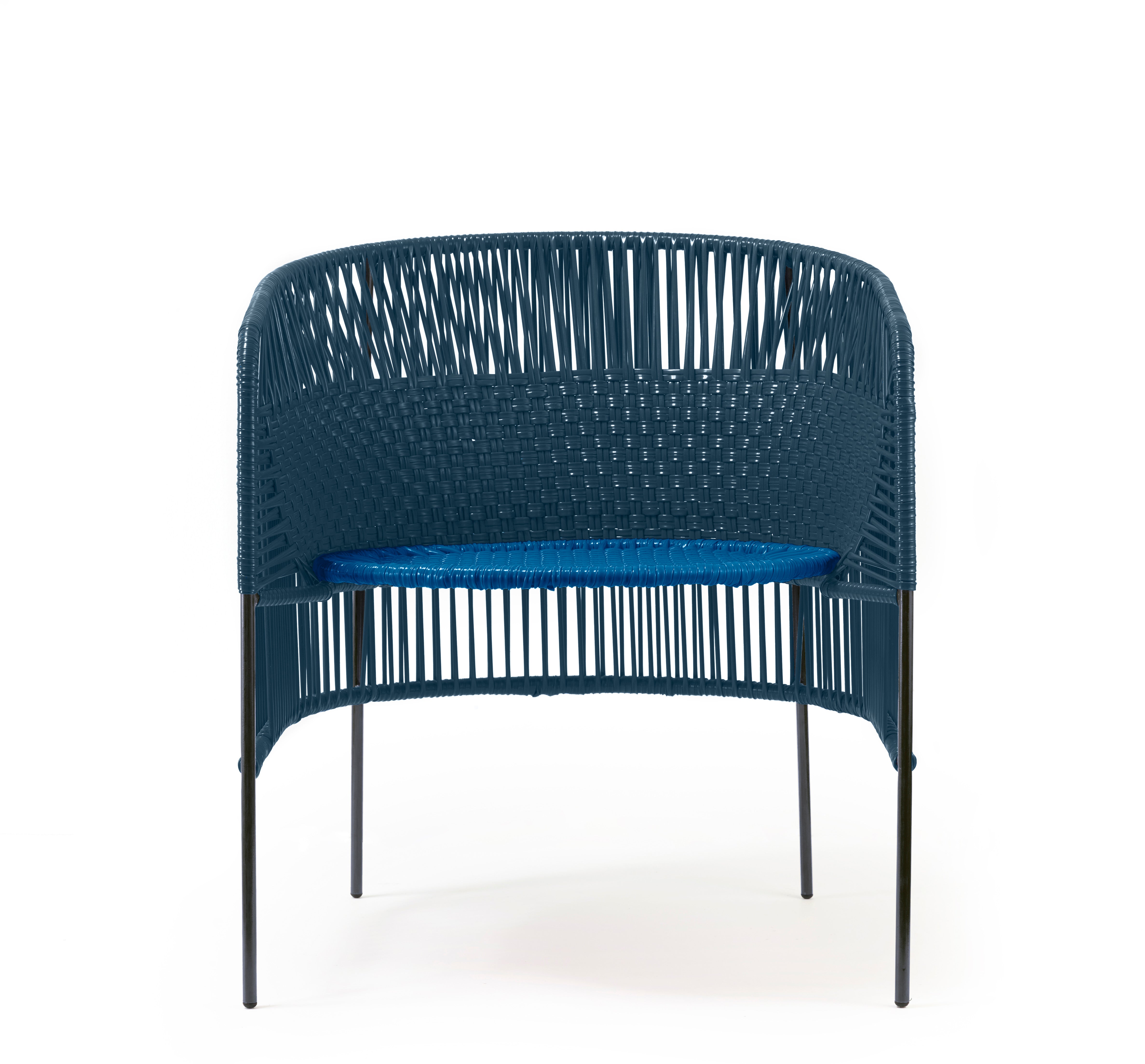 The Ames Caribe Chic Lounge Chair by Ames features a rounded blue woven backrest and seat, thin black metal legs, and draws inspiration from Colombian weaving craft, shown against a plain white background.