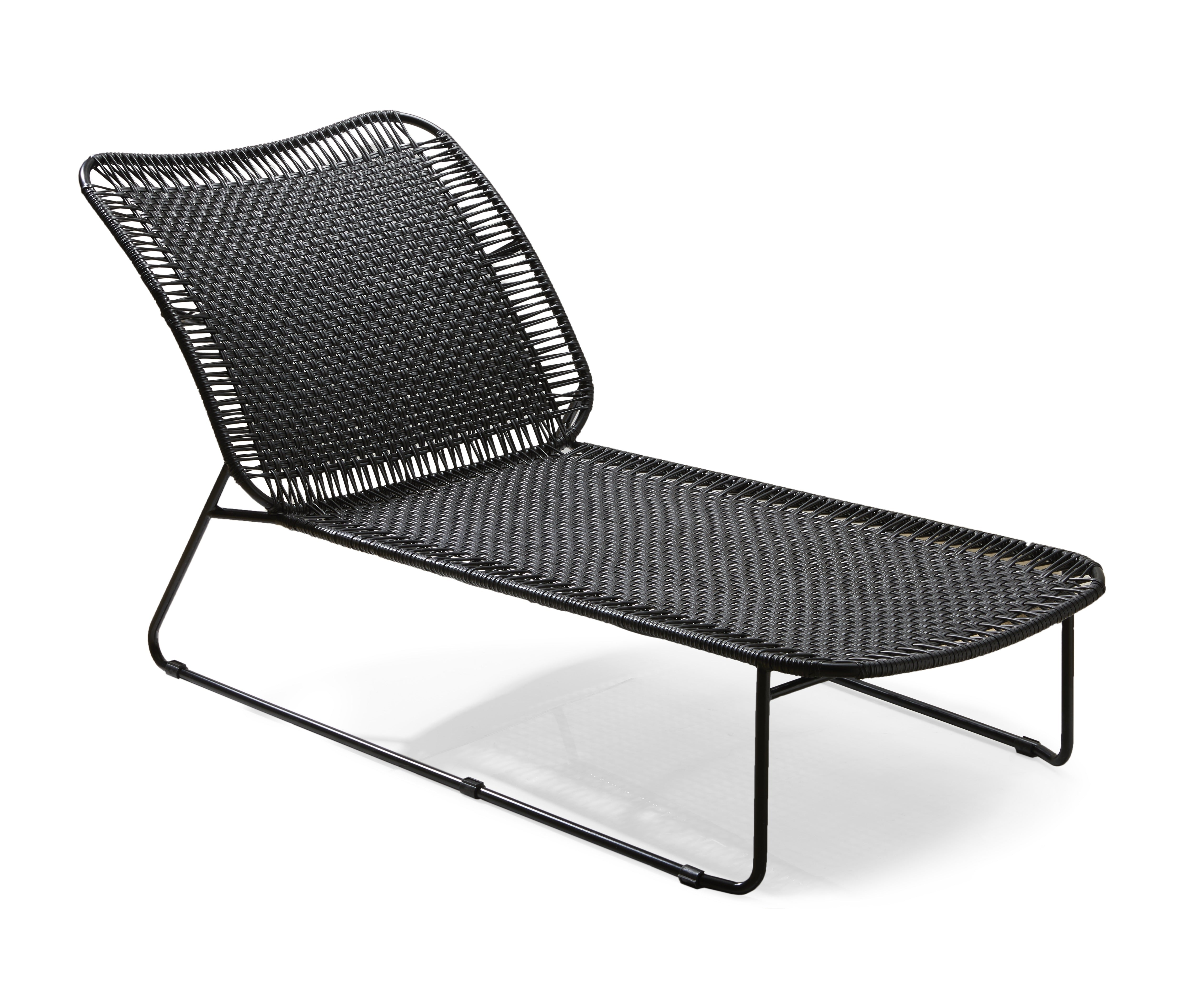 The Ames Cielo Daybed by Ames is a modern black woven chaise lounge with a metal frame and curved seat, perfect for stylish relaxation indoors or outdoors.