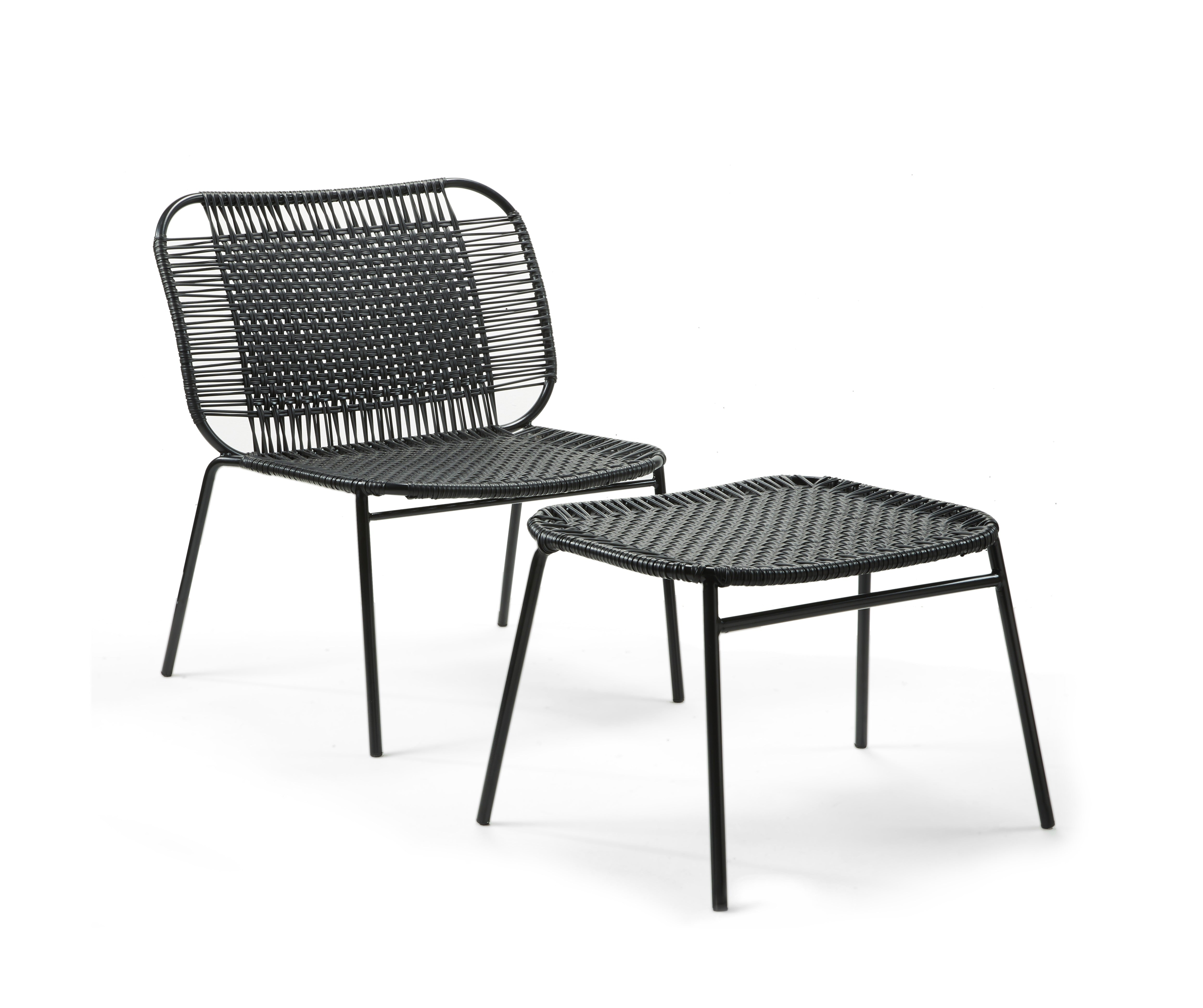 Ames Cielo Ottoman by Ames: a black woven chair with metal legs and a matching ottoman, inspired by traditional weaving techniques, stands elegantly against a plain white background.