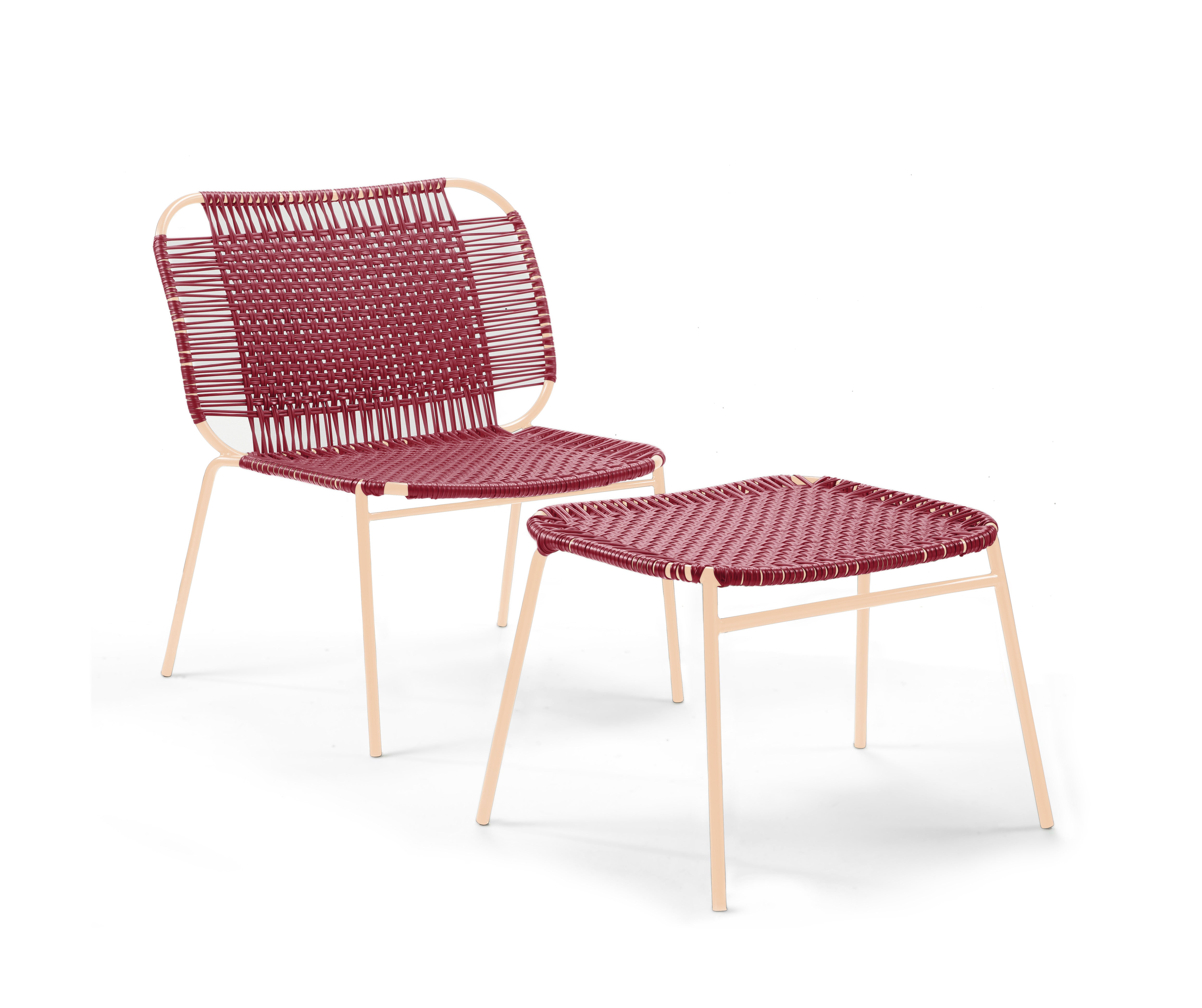 The Ames Cielo Ottoman by Ames features a beige metal frame and a red woven seat, crafted with traditional weaving techniques, displayed against a plain white background alongside a matching modern chair.