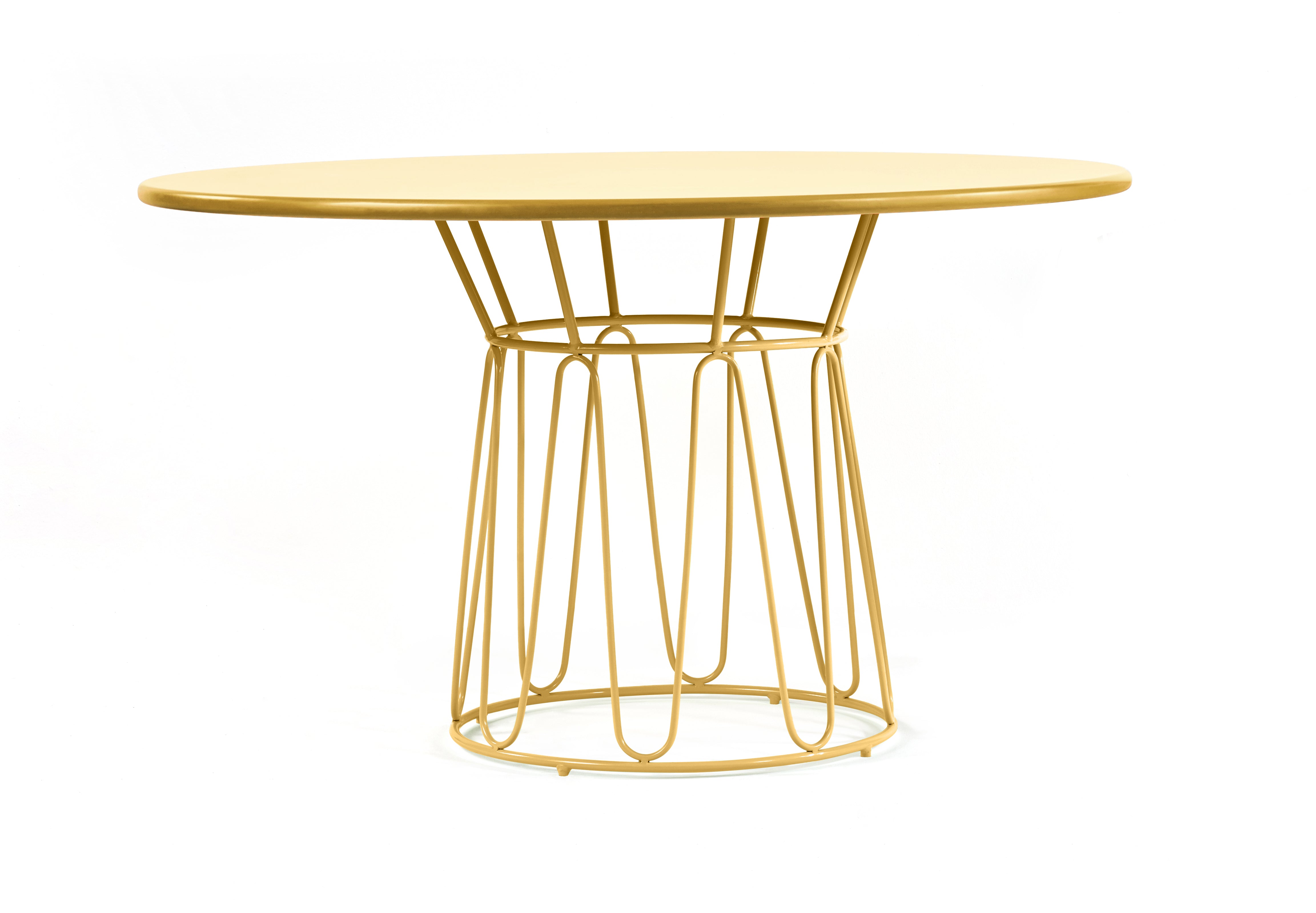 The Ames Circo Dining Table by Ames features a smooth yellow top and a gold metal base with curved open wirework and braided leather cords, offering a modern, airy design ideal for indoor use.