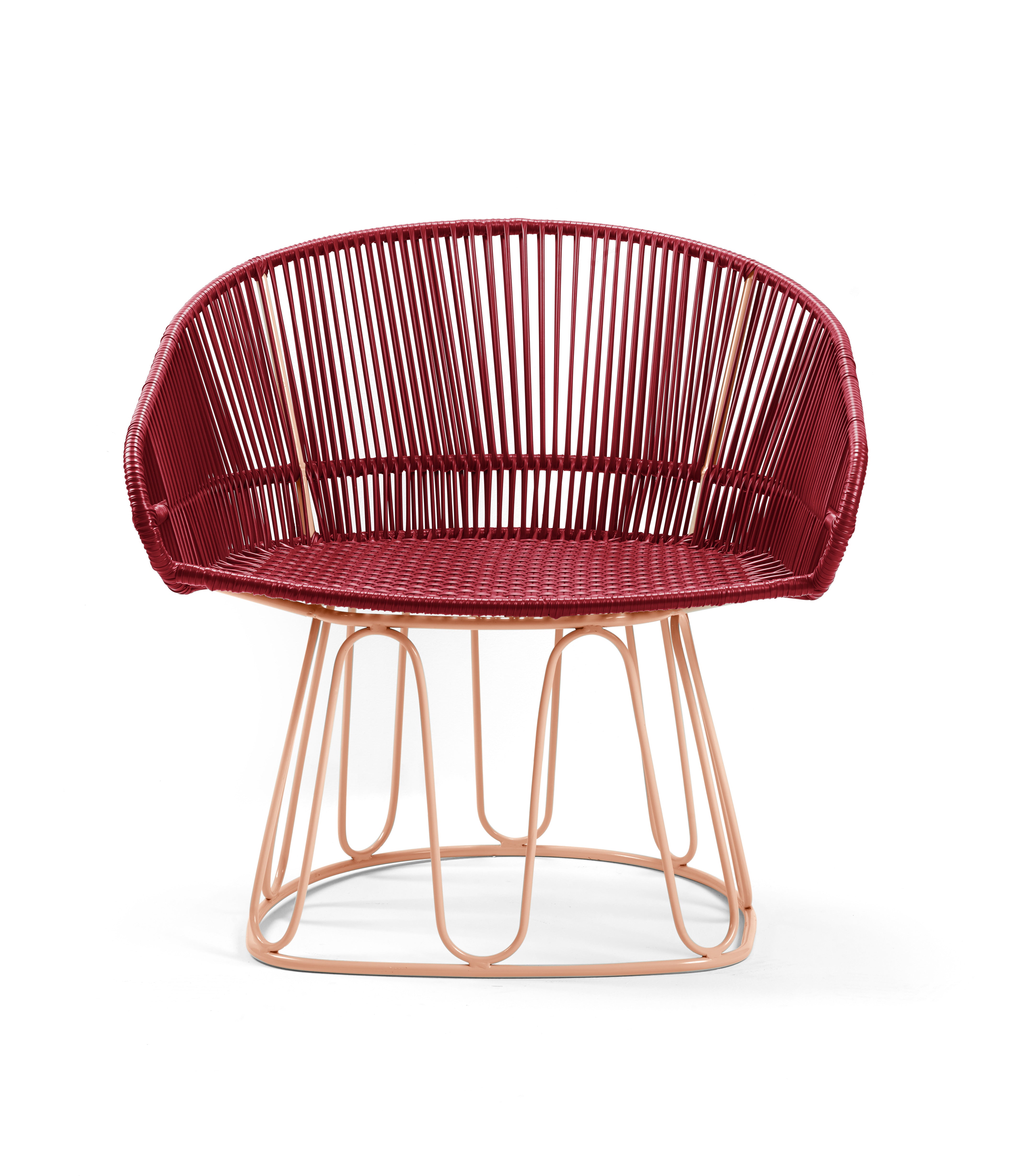 The Ames Circo Leather Lounge Chair by Ames features a modern rounded back in red woven material and a light beige metal base with curved, interconnected legs, reflecting handcrafted Colombian design, shown on a white background.
