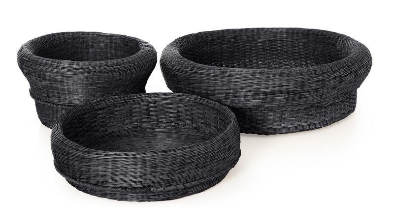 The Ames Fibra Basket Large by Ames is a handcrafted, round black basket made in Colombia from esparto grass. It features a textured, interlaced design and is perfect as part of a stylish set displayed on a white background.