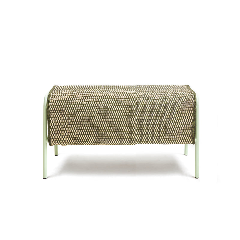 The Ames Mecato Bench by Ames features a powder-coated steel light green frame and a woven beige-and-brown patterned seat, displayed against a plain white background.