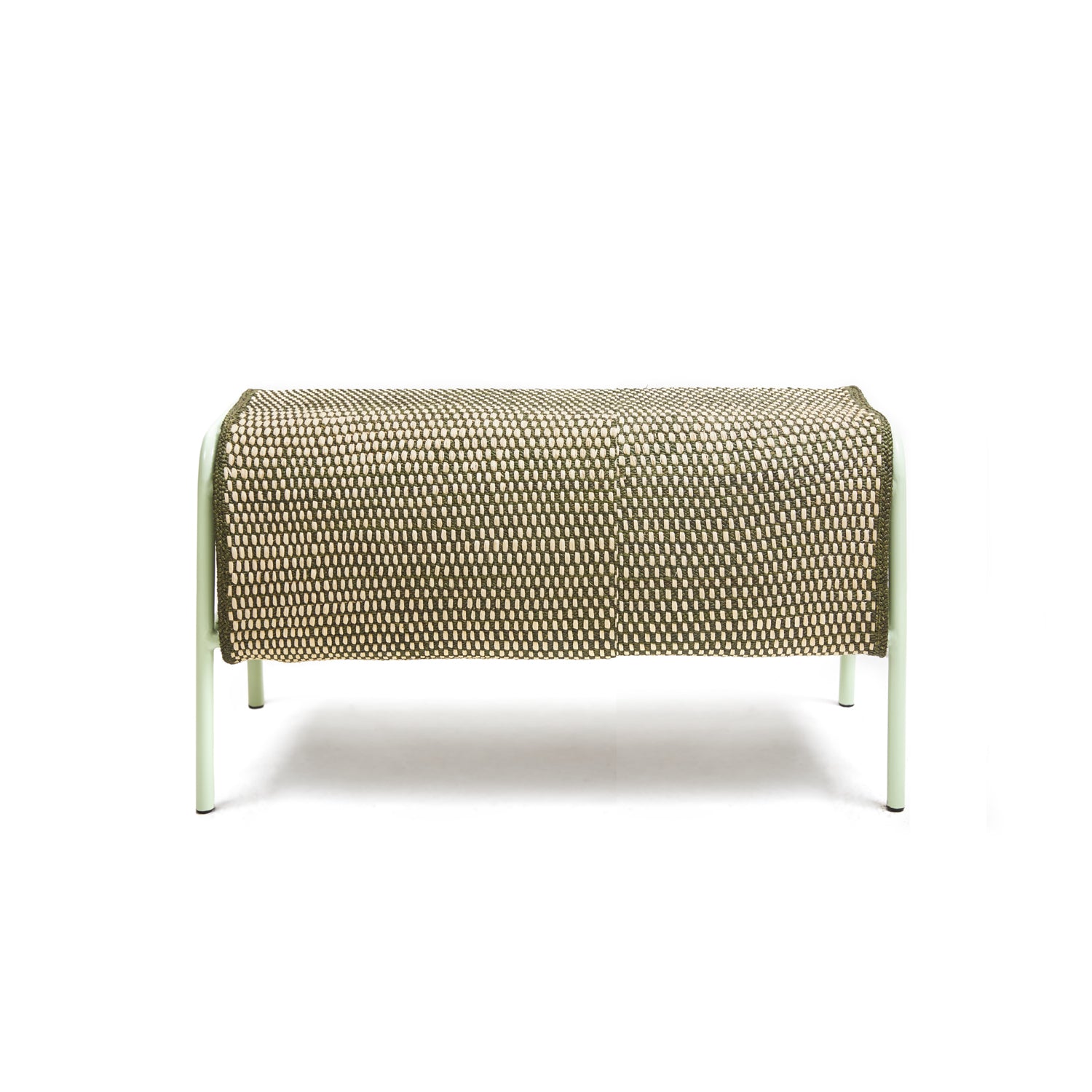 The Ames Mecato Bench by Ames features a rectangular design with a light green powder-coated steel frame and a woven seat made of natural tan and brown iraca palm, shown against a white background.