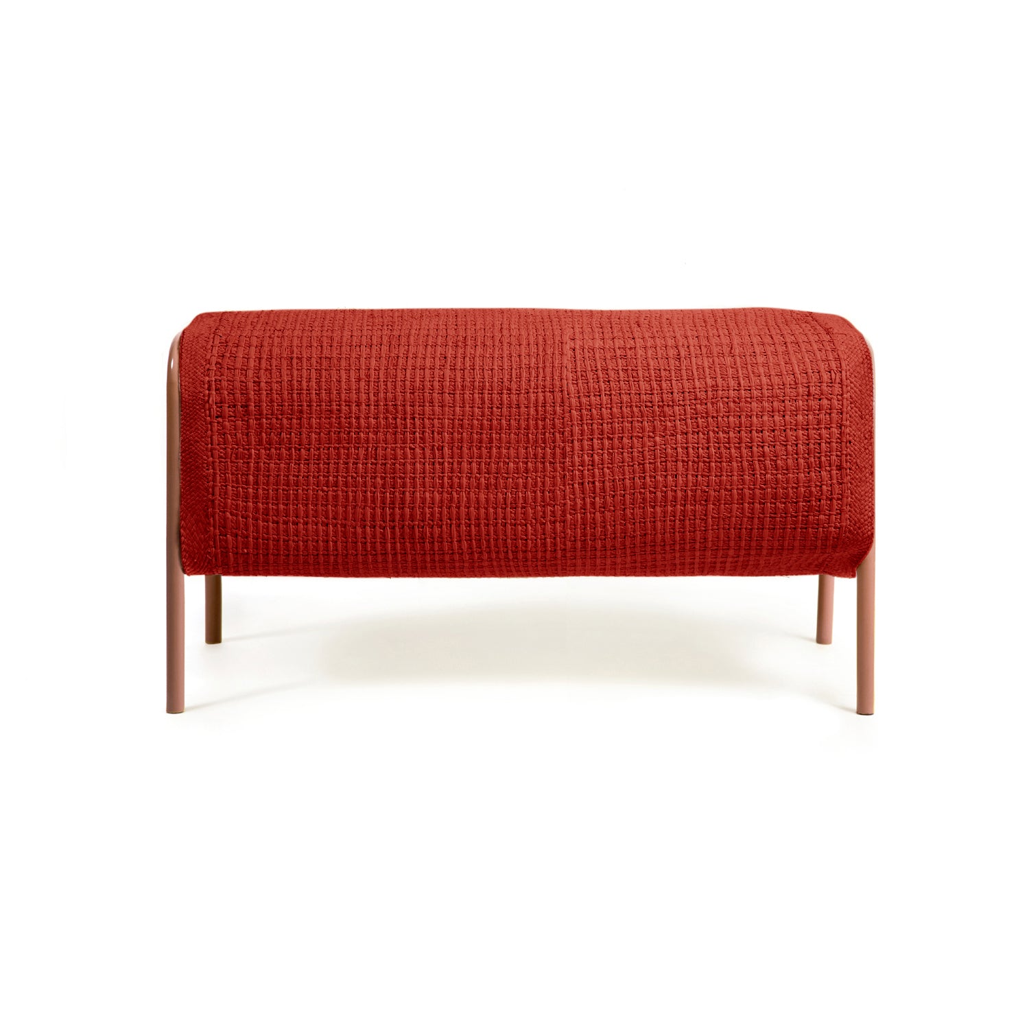 The Ames Mecato Bench by Ames features a textured red cushion and slim powder-coated steel legs, shown against a plain white background.