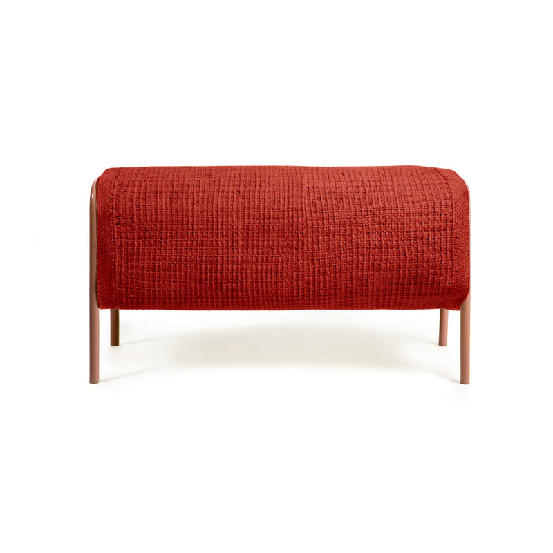The Ames Mecato Bench by Ames features a textured red cushion and slim powder-coated steel legs, shown against a plain white background.