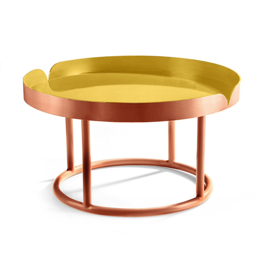 The Ames Victorias Coffee Table 1 by Ames features a modern round design inspired by Cristina Celestino, with a yellow top, curved copper-colored metal legs and rim, and an open circular base.