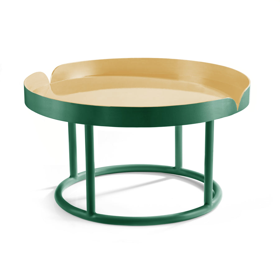 The Ames Victorias Coffee Table 1 by Ames features a round light yellow top with a raised green edge and four green legs joined by a circular base, elegantly designed by Cristina Celestino for Amazonia furniture.