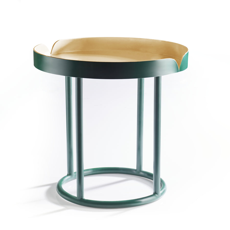 The Ames Victorias Coffee Table 3 by Ames features a modern gold top with raised edges and a teal green frame with four legs linked by a circular base—an elegant piece inspired by Amazonia furniture, shown against a white background.