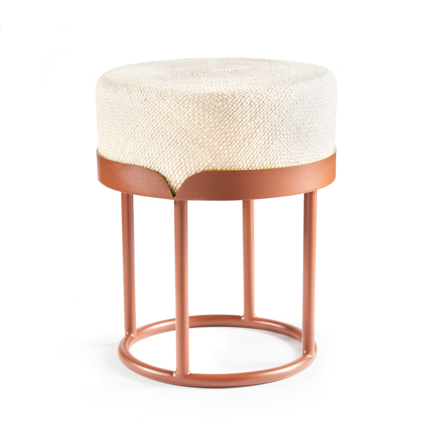 The Ames Victorias Pouf by Ames features a round woven beige seat and rust-colored metal frame with four vertical supports and a circular base, inspired by Amazonia furniture.