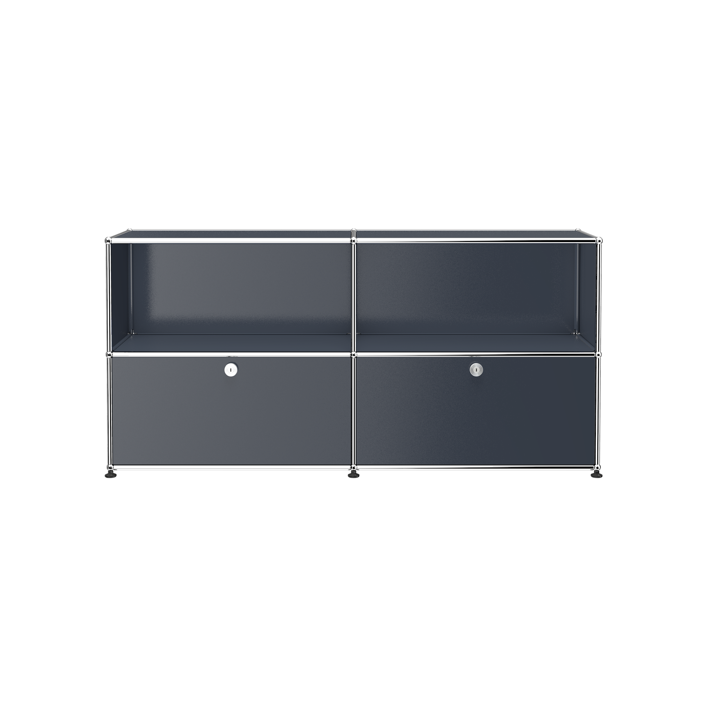 Haller Credenza C2A with open top shelves and two lockable drop-down doors in steel blue powder-coated finish.