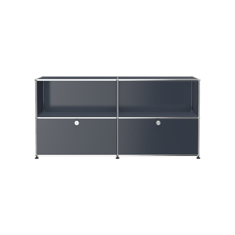 Haller Credenza C2A with open top shelves and two lockable drop-down doors in steel blue powder-coated finish.