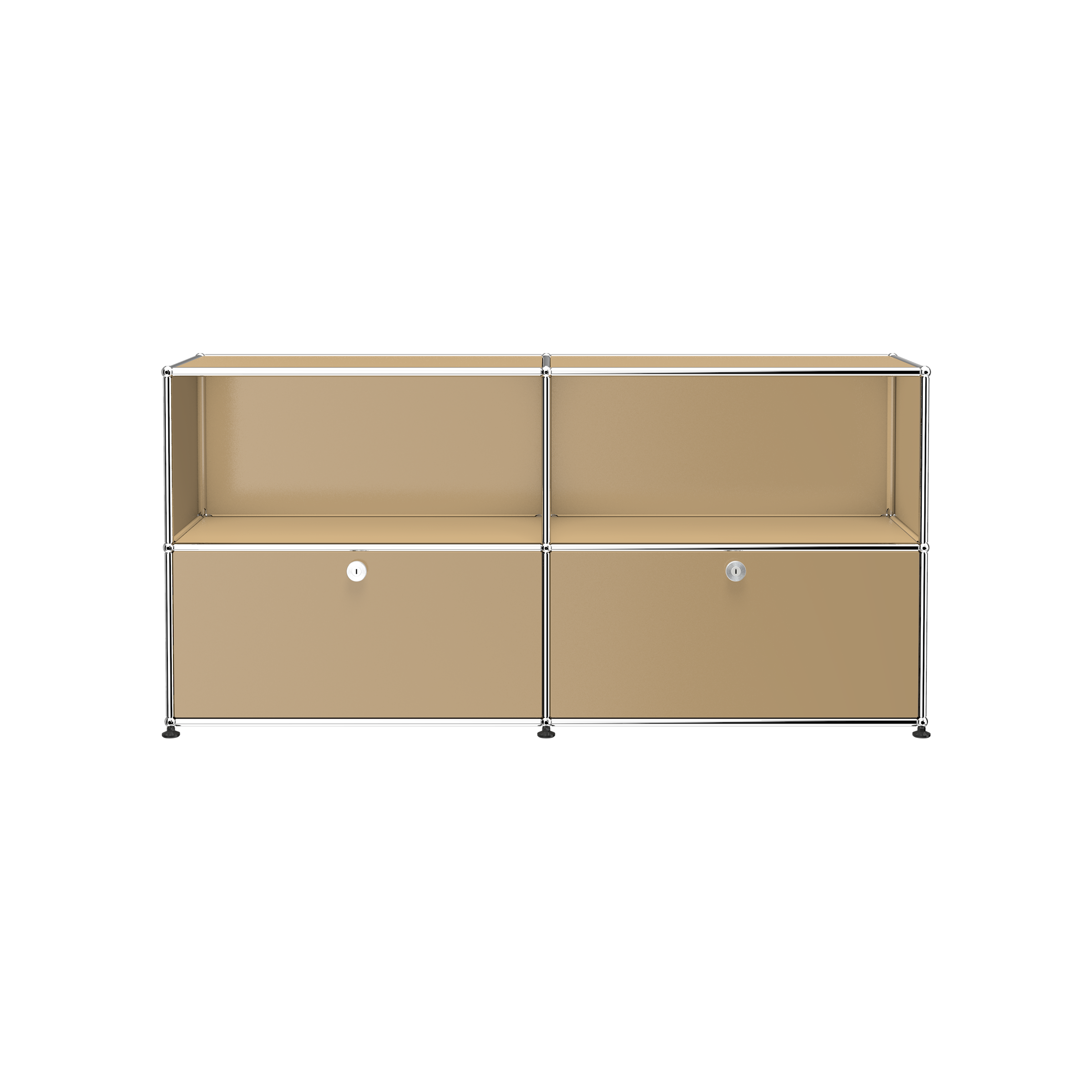 Haller Credenza C2A in beige with open top shelves and two lockable drop-down doors in a chrome steel frame.