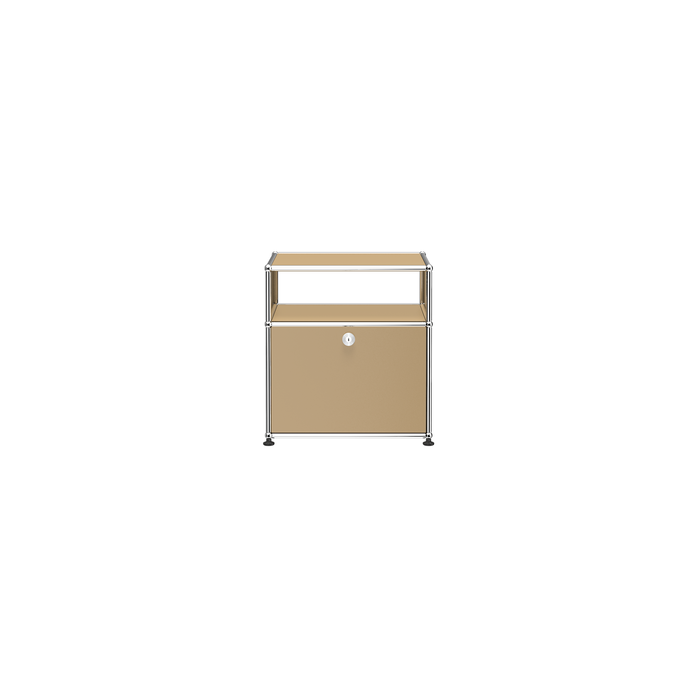 Haller Nightstand P in USM Beige with open shelf and lockable drop-down door, steel frame and panels.