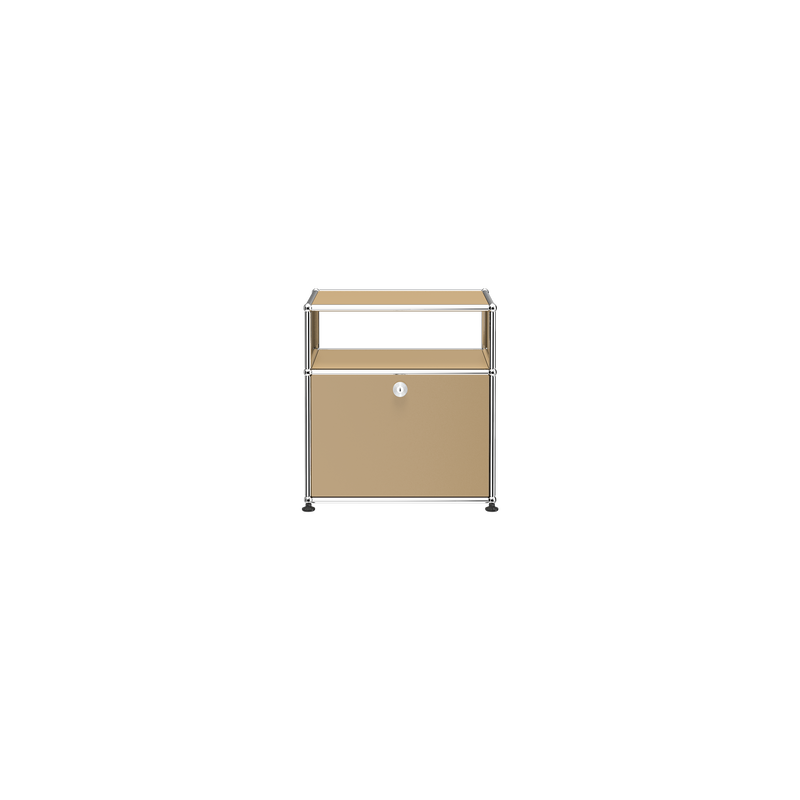 Haller Nightstand P in USM Beige with open shelf and lockable drop-down door, steel frame and panels.