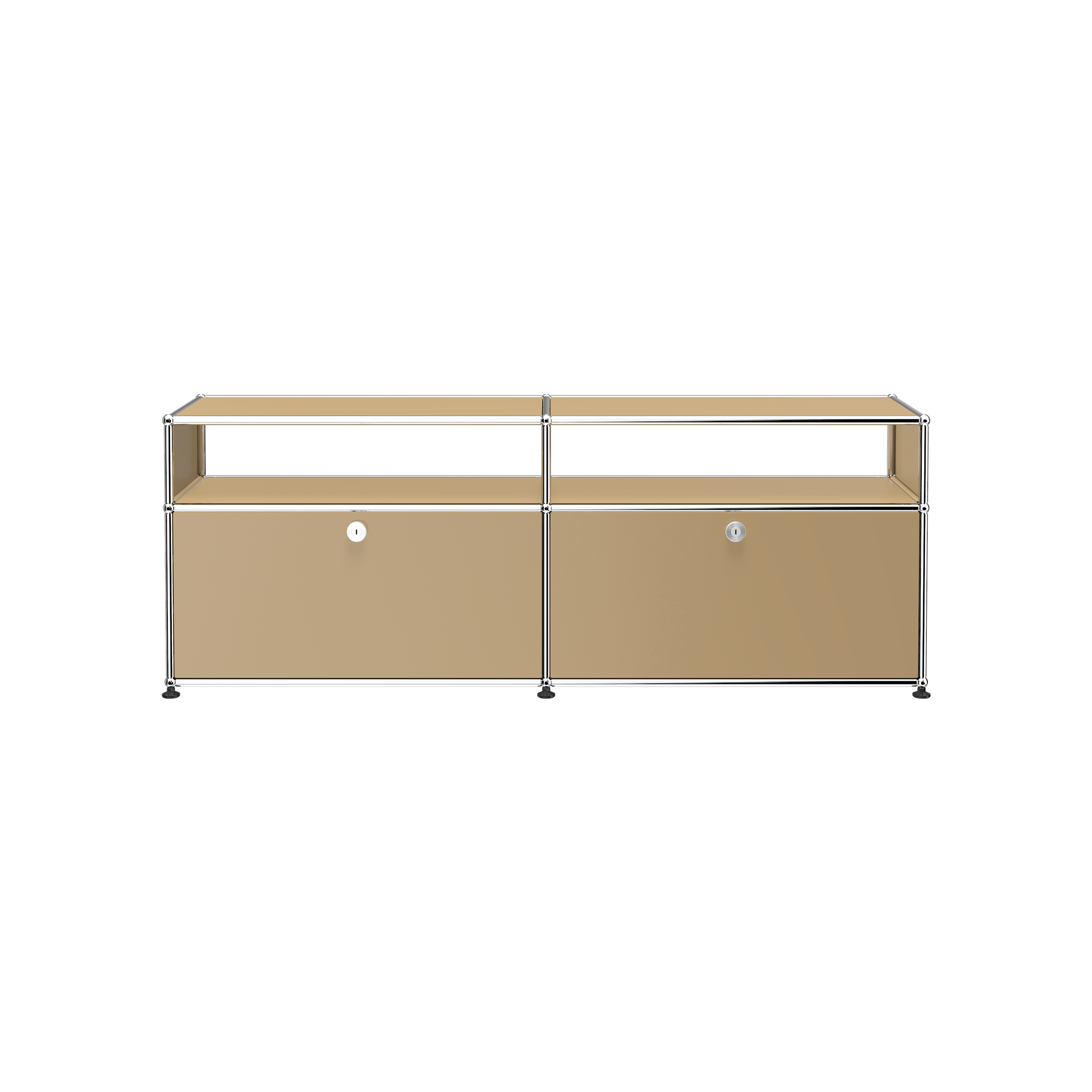 Haller Media O2 USM designer storage credenza in USM Beige with lockable drop-down doors and open top shelves.