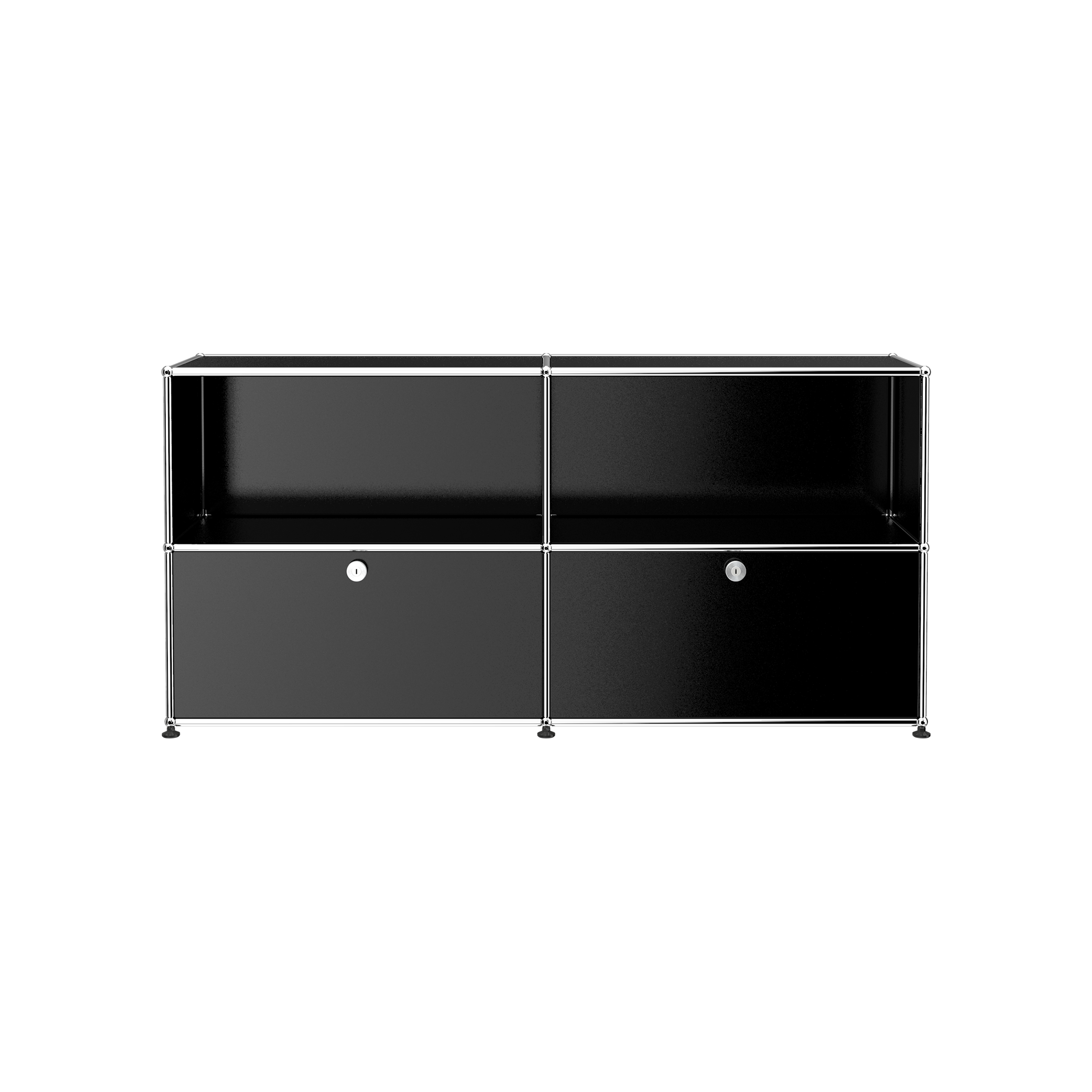 Haller Credenza C2A in black with open top shelves and two locked drop-down doors in a chrome steel frame.