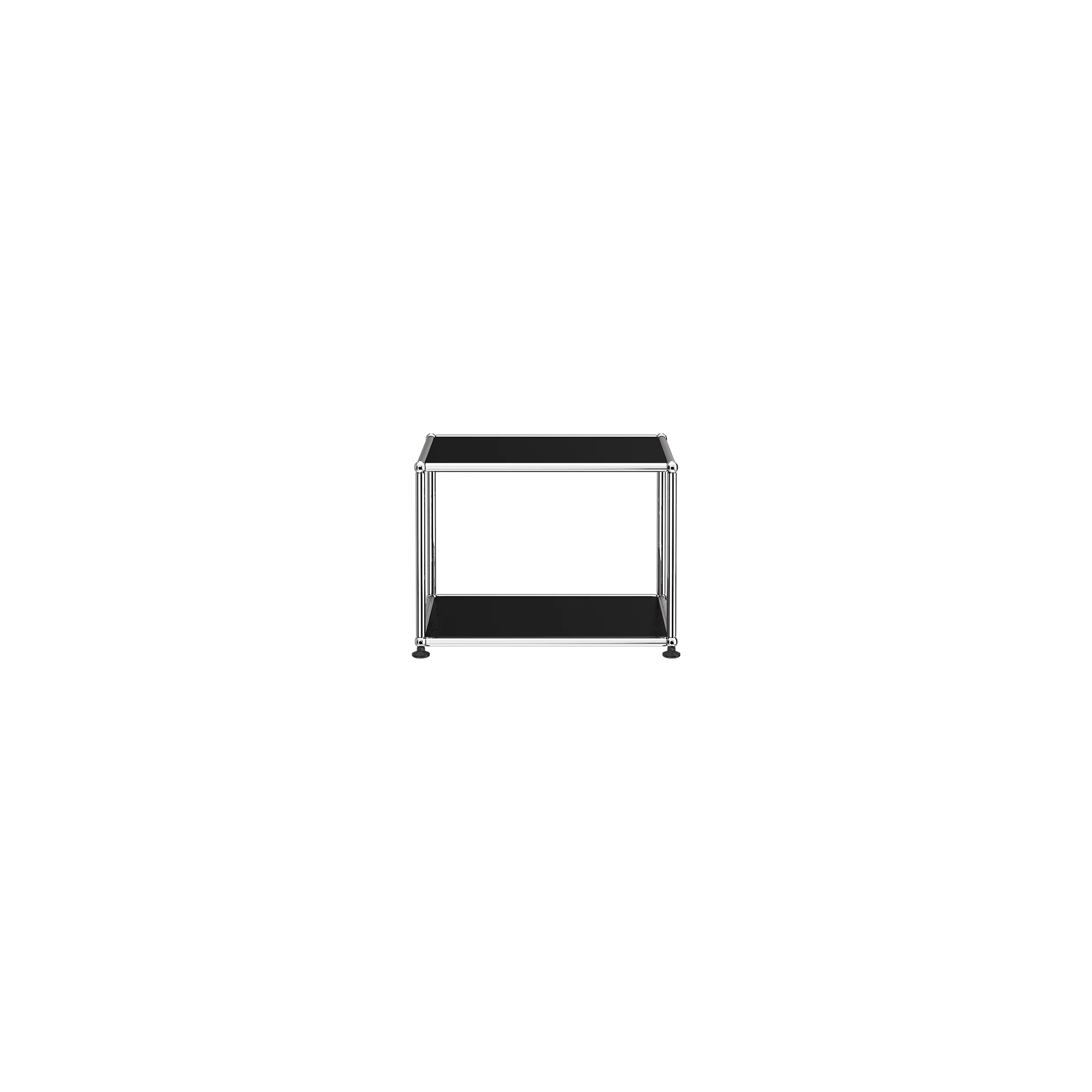 Haller Side Table M22 with chrome steel frame and black powder-coated steel panels, minimalist and versatile design.