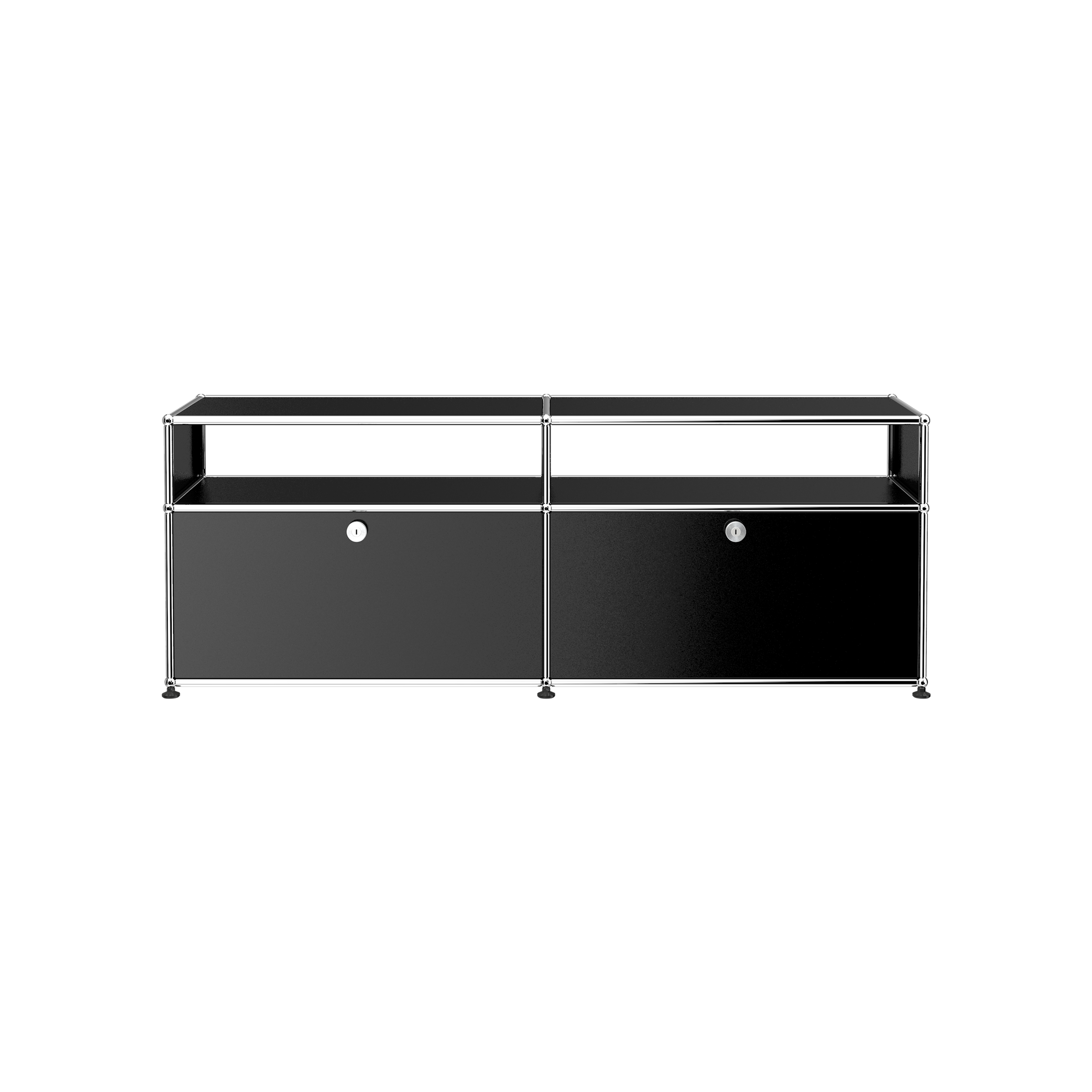 Haller Media O2 black steel media credenza with two lockable drop-down doors and chrome frame.