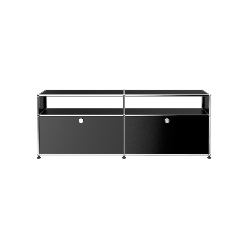 Haller Media O2 black steel media credenza with two lockable drop-down doors and chrome frame.