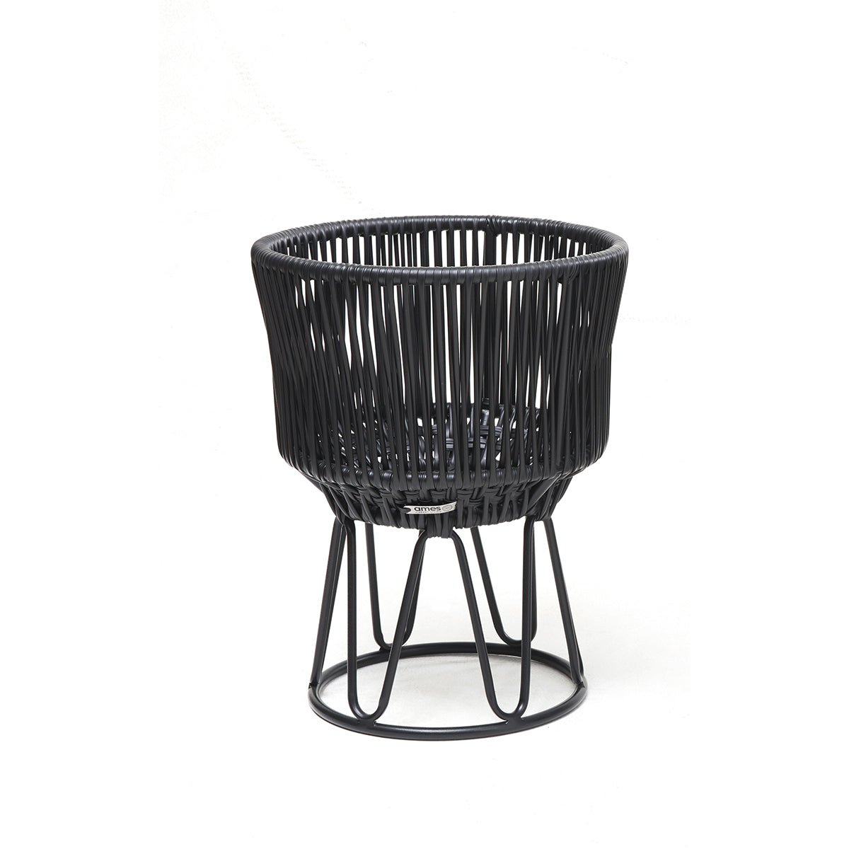 The Ames Circo Flower Pot 1 by Ames features a handcrafted powder-coated steel frame and an open, basket-like synthetic weave in black, creating a stylish modern piece for outdoor spaces. Pictured on a plain white background.