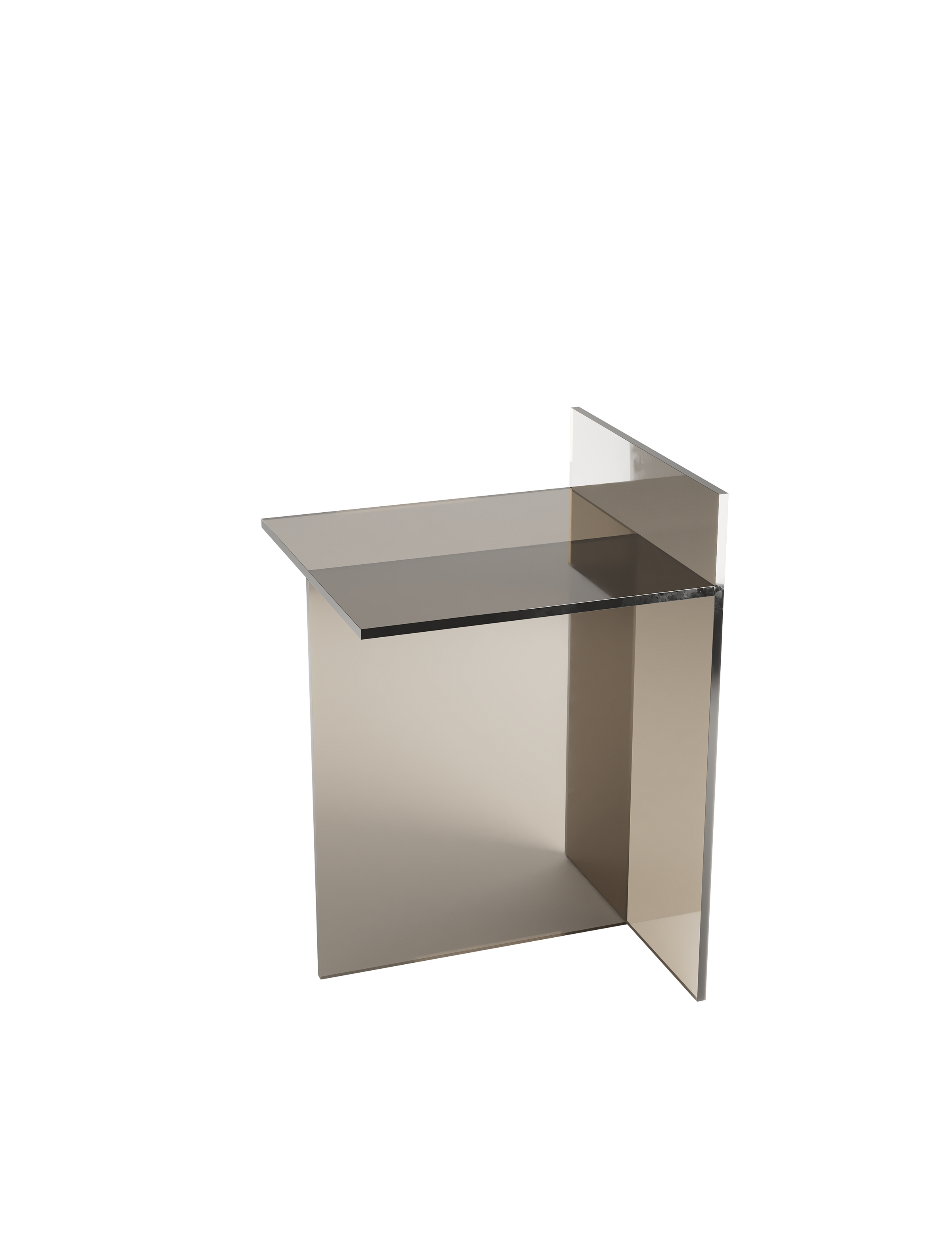 THEO Glass Side Table in smoked glass with intersecting panels forming a T shape, modern and versatile design.