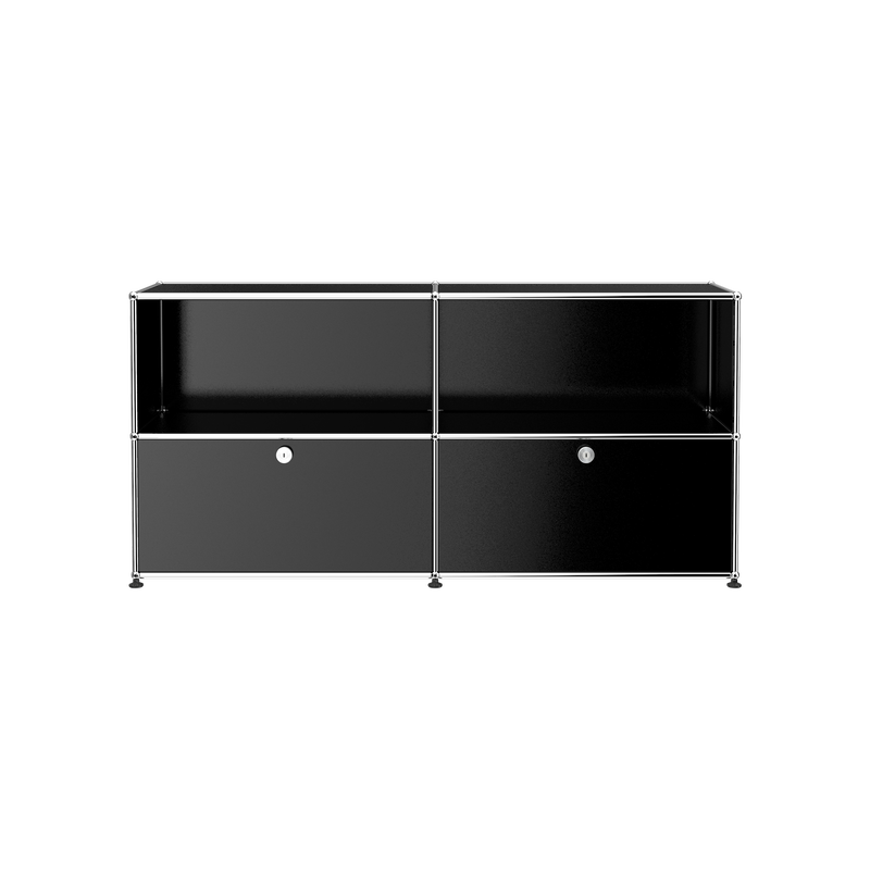 Haller Credenza C2A in black with open top shelves and two locked drop-down doors in a chrome steel frame.