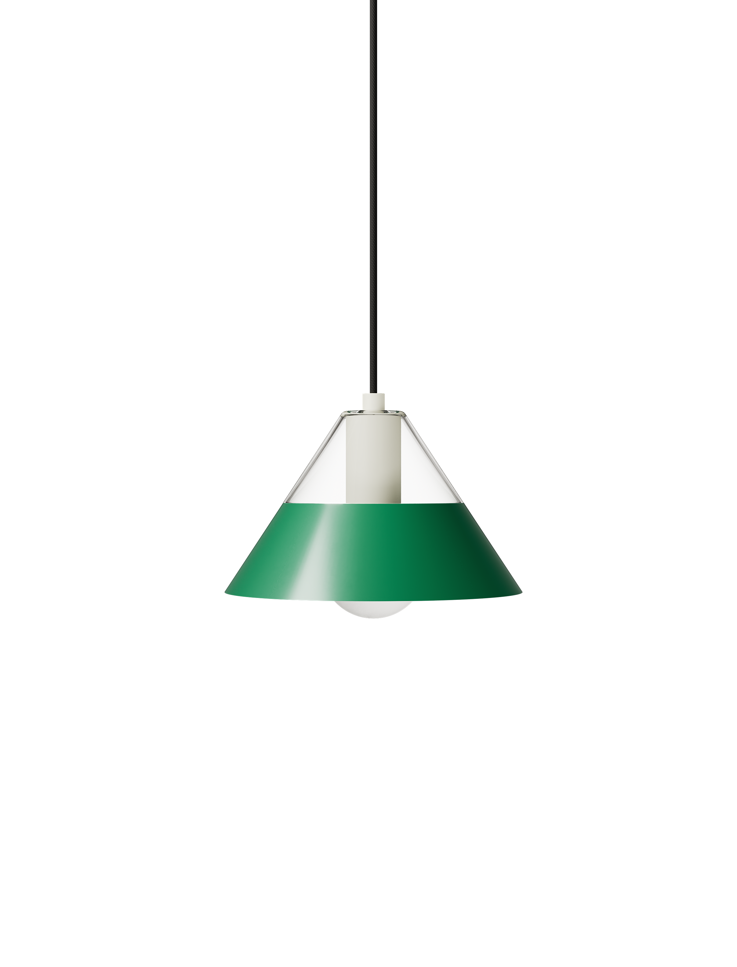 FIFTY FIFTY lamp with green metal shade, glass top, and black cord, blending ambient and focused lighting.