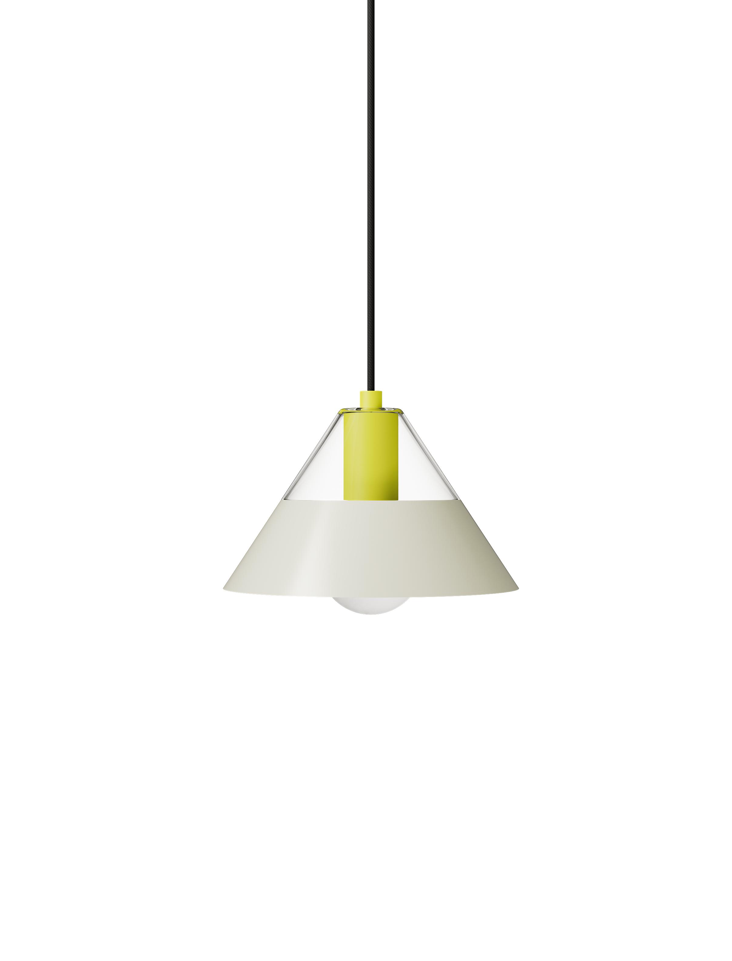 FIFTY FIFTY lamp pendant with glass top and metal shade in white and sulfur yellow, blending soft glow and focused light.