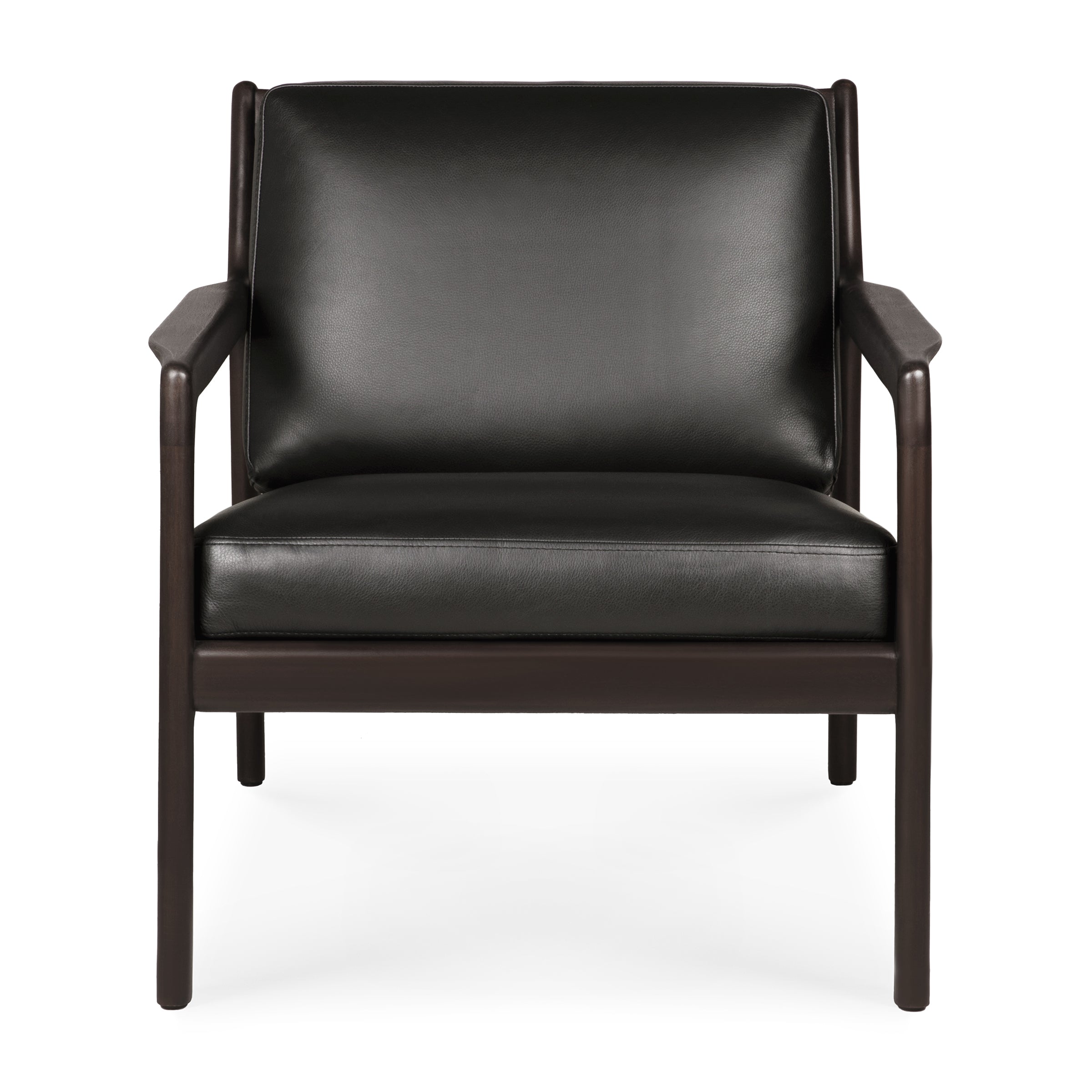 Jack Lounge Chair in black leather with mahogany frame, featuring clean lines inspired by Scandinavian modernism.