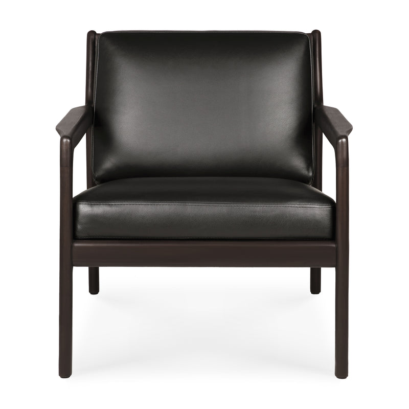 Jack Lounge Chair in black leather with mahogany frame, featuring clean lines inspired by Scandinavian modernism.