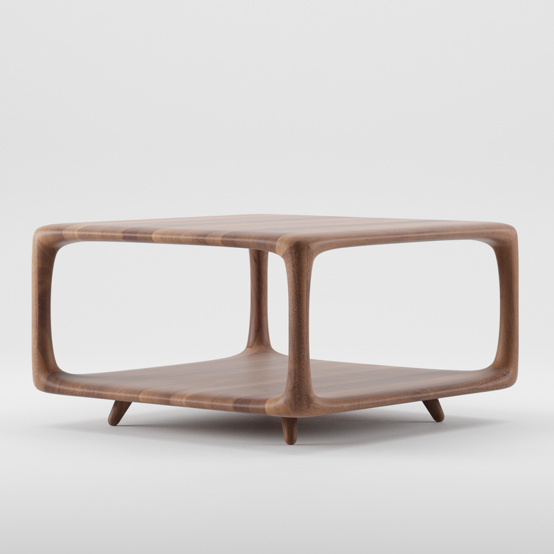 The Artisan BLEND Coffee Table is a modern, square piece made from solid wood with curved edges and an open space beneath the tabletop. It features four short legs, a sleek design with a smooth finish enhanced by natural oils, and complements any neutral background.