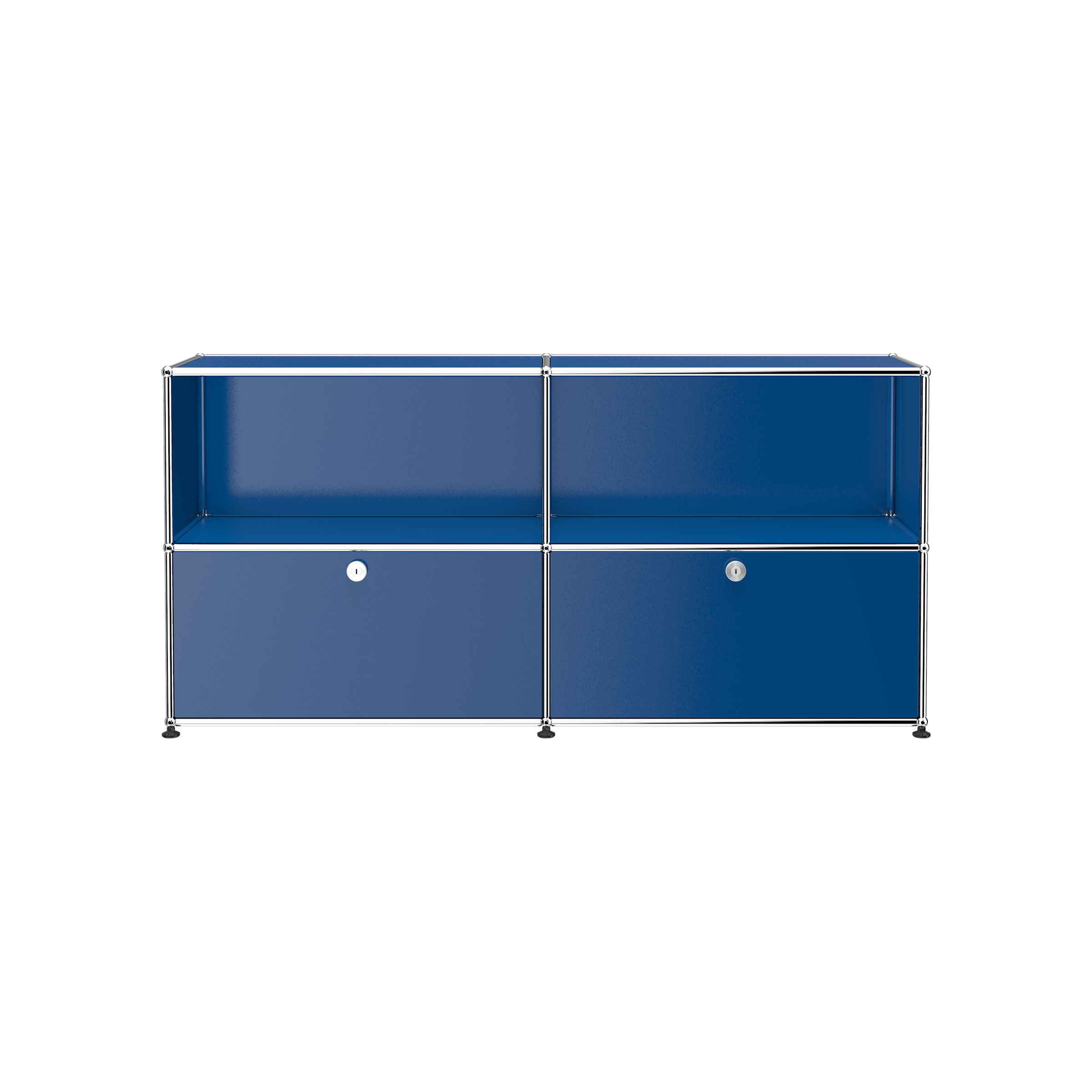 Haller Credenza C2A in steel blue with open top shelves and two lockable drop-down doors in powder-coated steel and chrome frame.