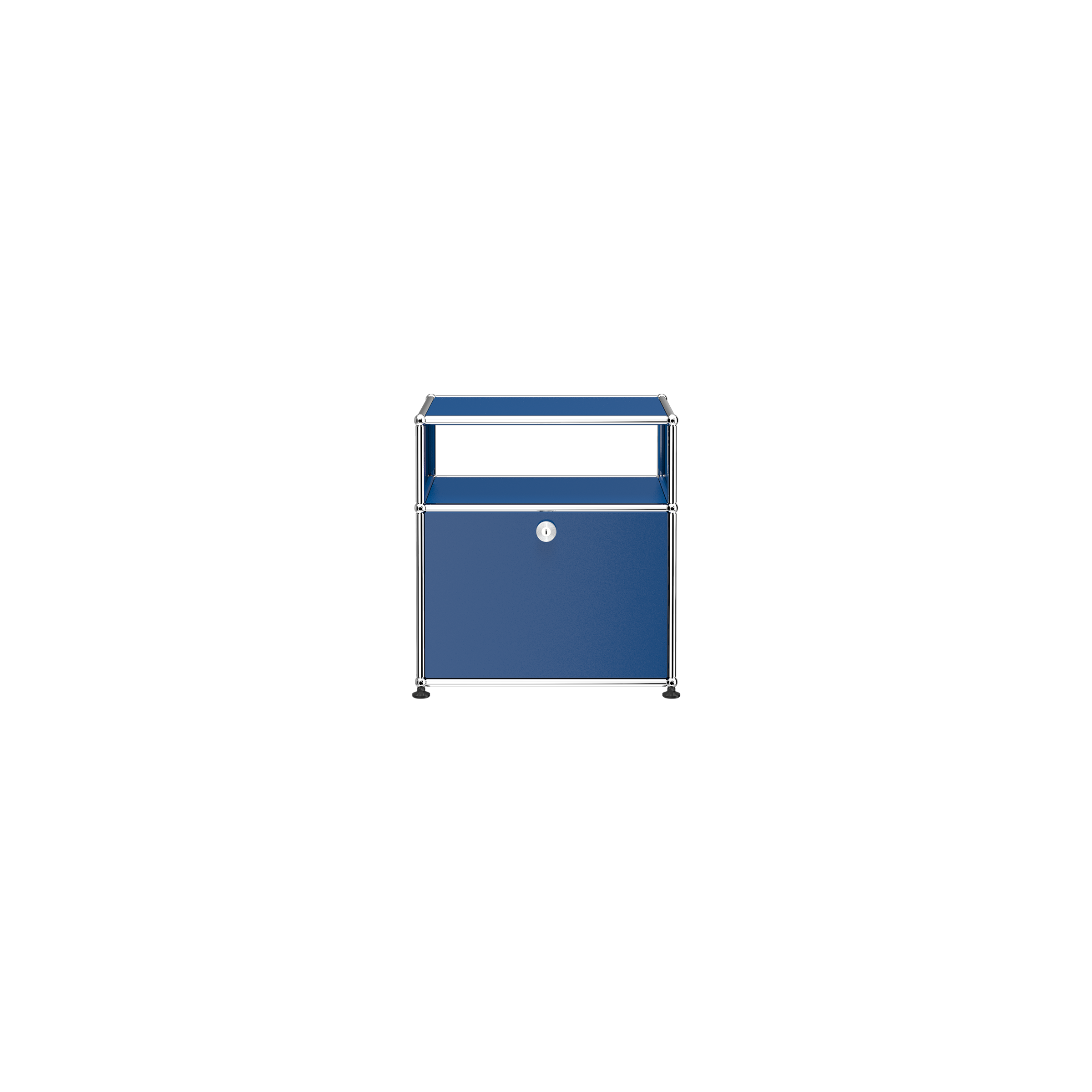 Haller Nightstand P in steel blue with open shelf and lockable drop-down door on chrome steel frame.