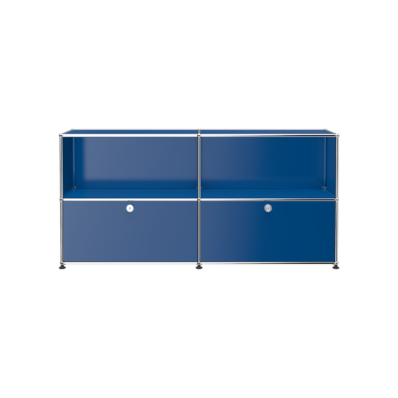 Haller Credenza C2A in steel blue with open top shelves and two lockable drop-down doors in powder-coated steel and chrome frame.