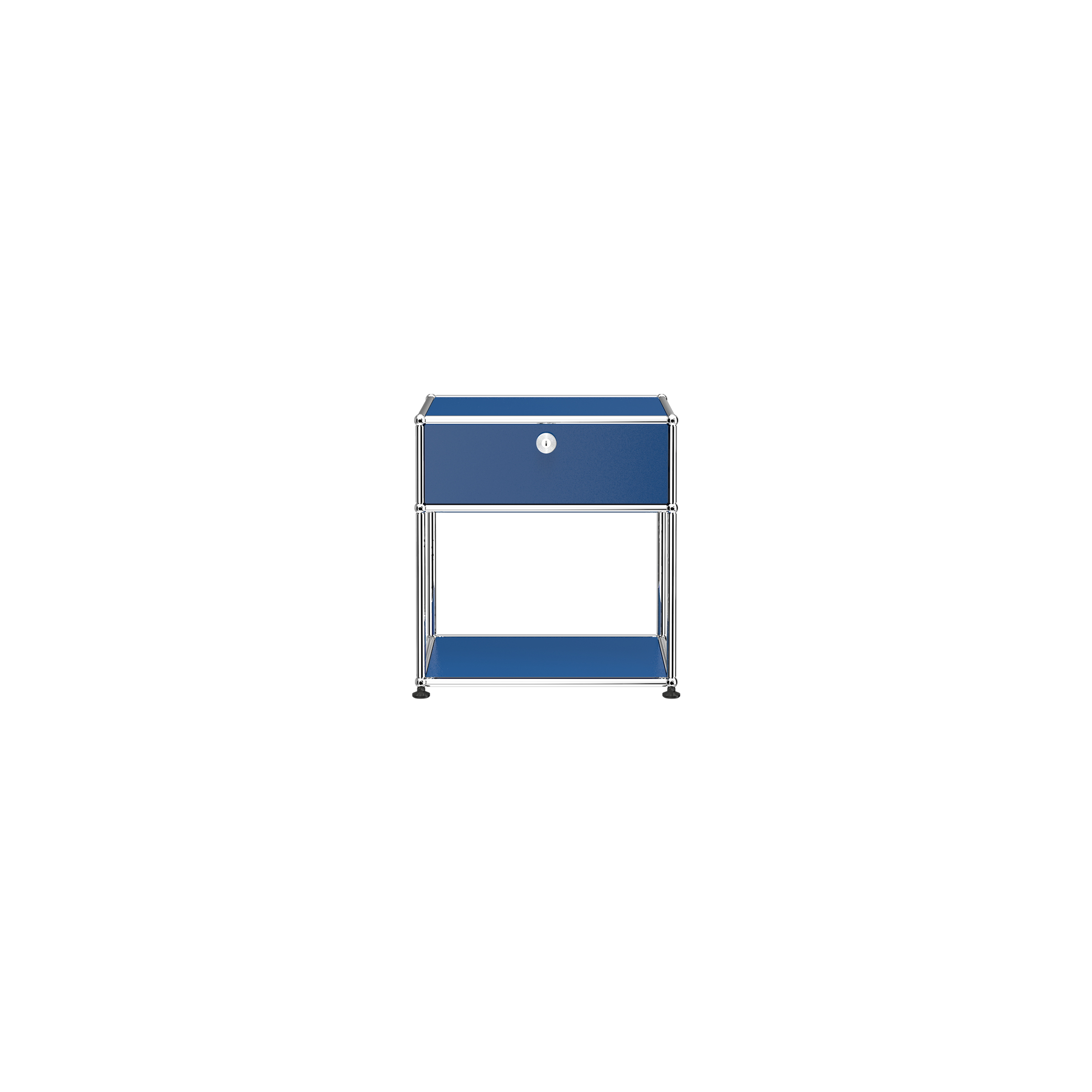 Haller Nightstand P2 in steel blue with lockable drop-down door and chrome steel frame modern design.