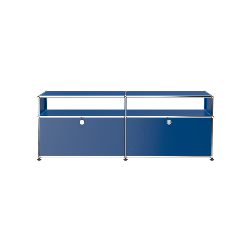 Haller Media O2 credenza in steel blue with chrome steel frame and two lockable drop-down doors.