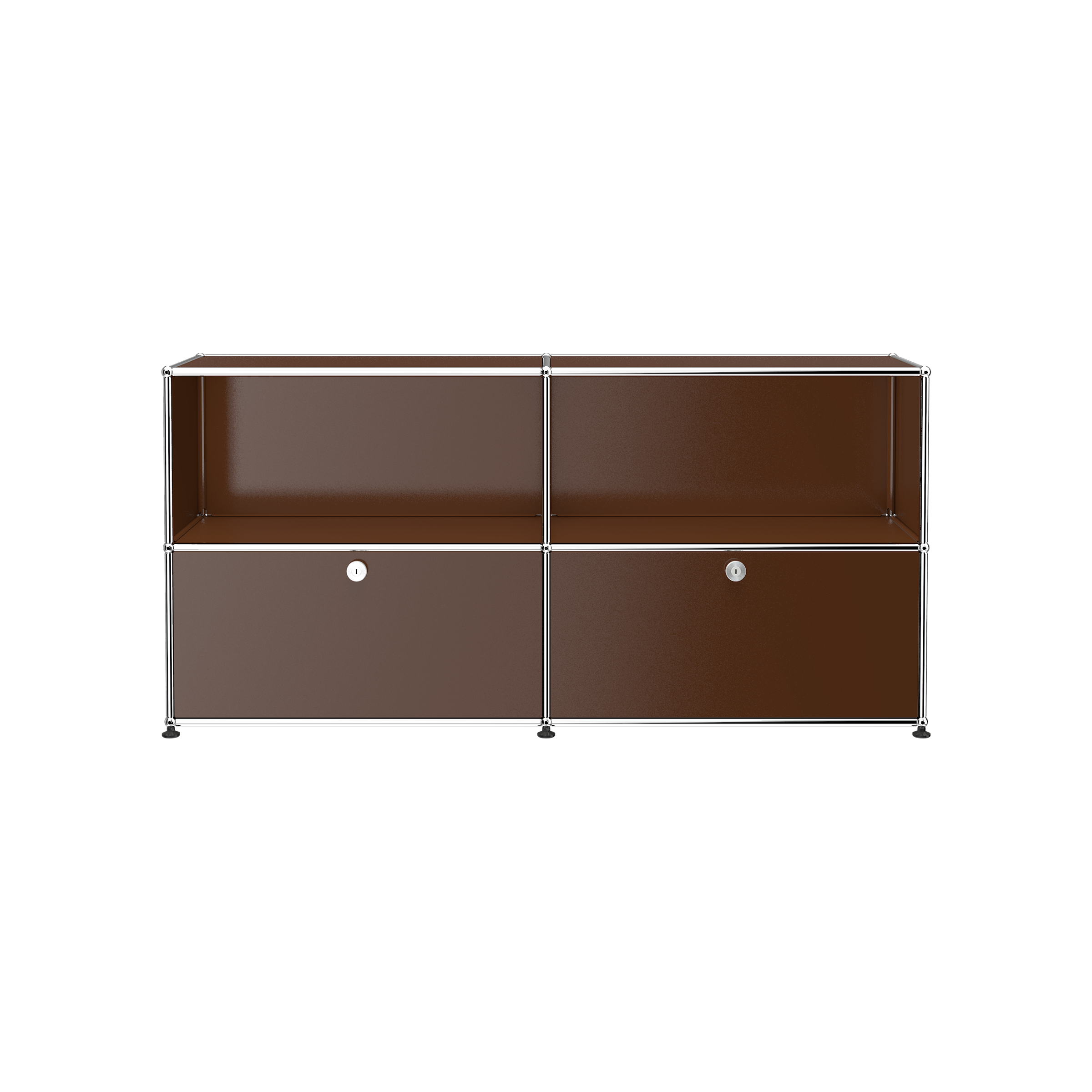 Haller Credenza C2A in USM Brown powder-coated steel with open top shelves and two lockable drop-down doors.