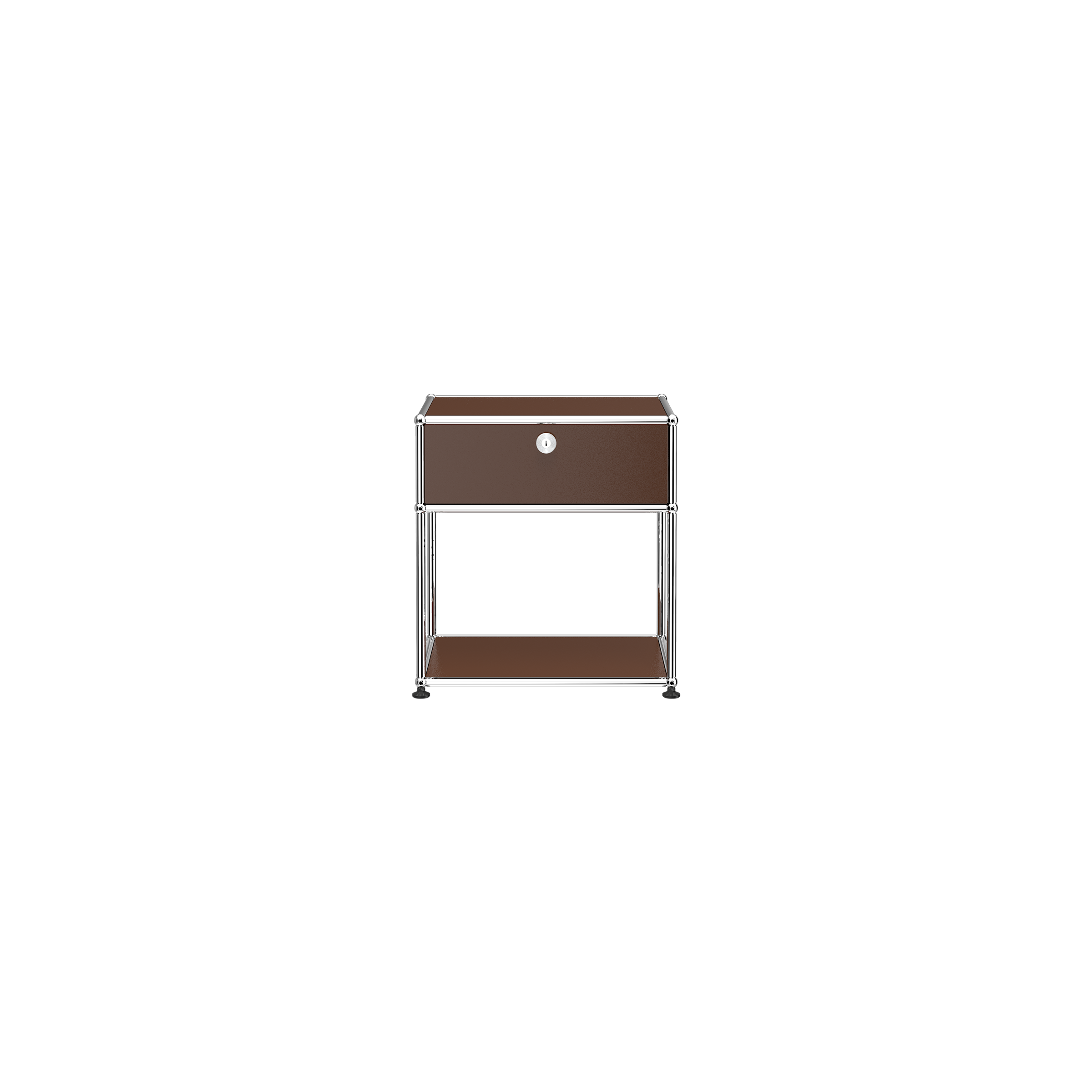 Haller Nightstand P2 with locked drop-down door, steel panels, chrome frame, and open lower shelf in USM Brown finish.