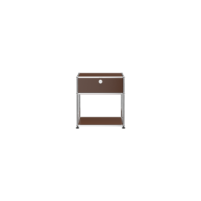 Haller Nightstand P2 with locked drop-down door, steel panels, chrome frame, and open lower shelf in USM Brown finish.