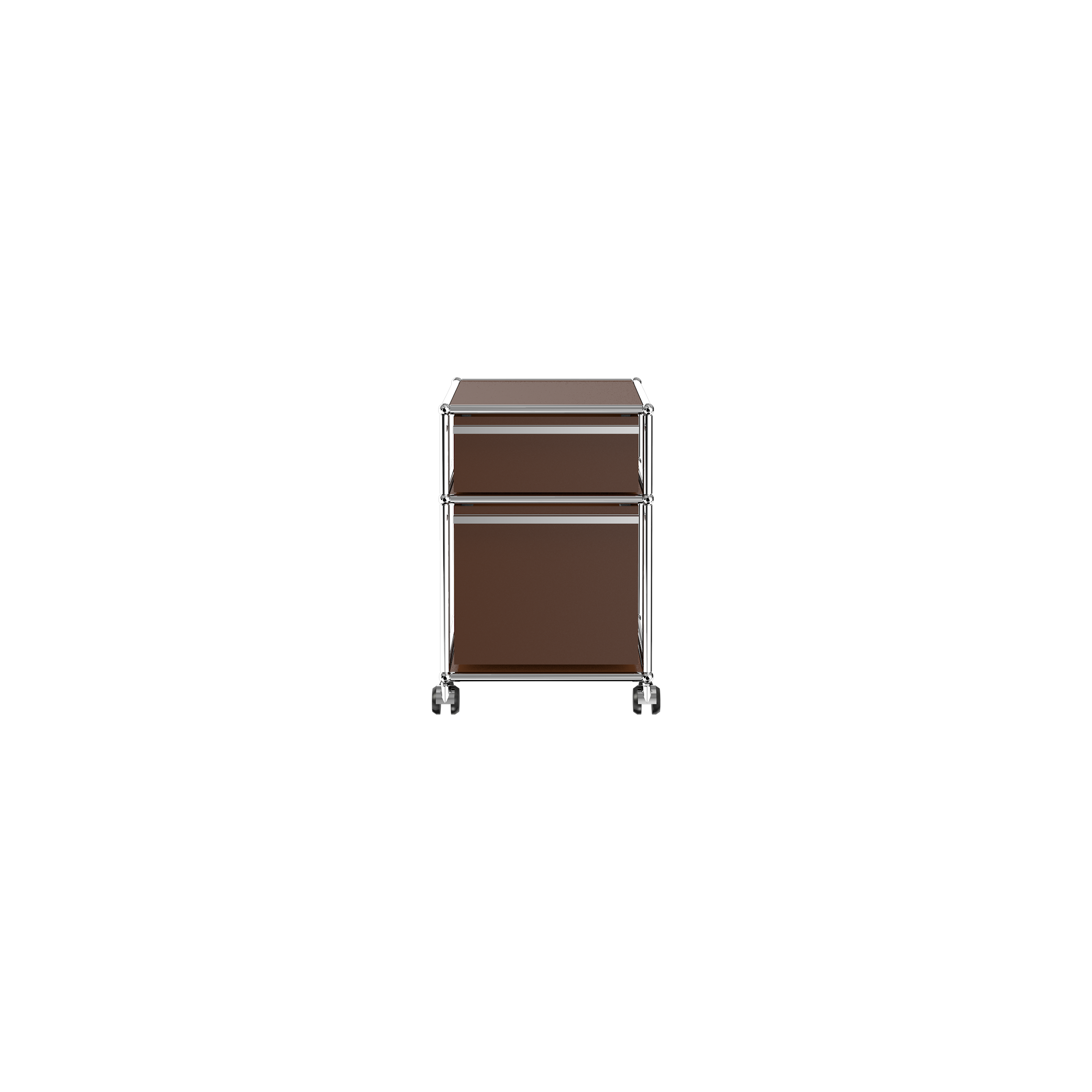 Haller File Pedestal M steel mobile file cabinet with one drawer and one letter filing drawer on casters in brown.