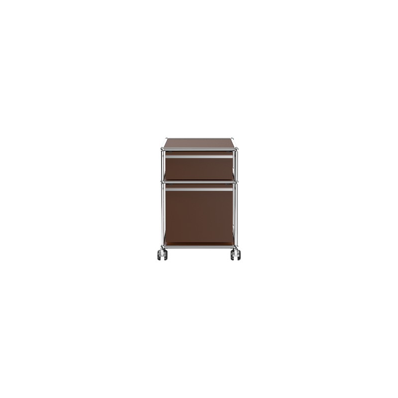 Haller File Pedestal M steel mobile file cabinet with one drawer and one letter filing drawer on casters in brown.