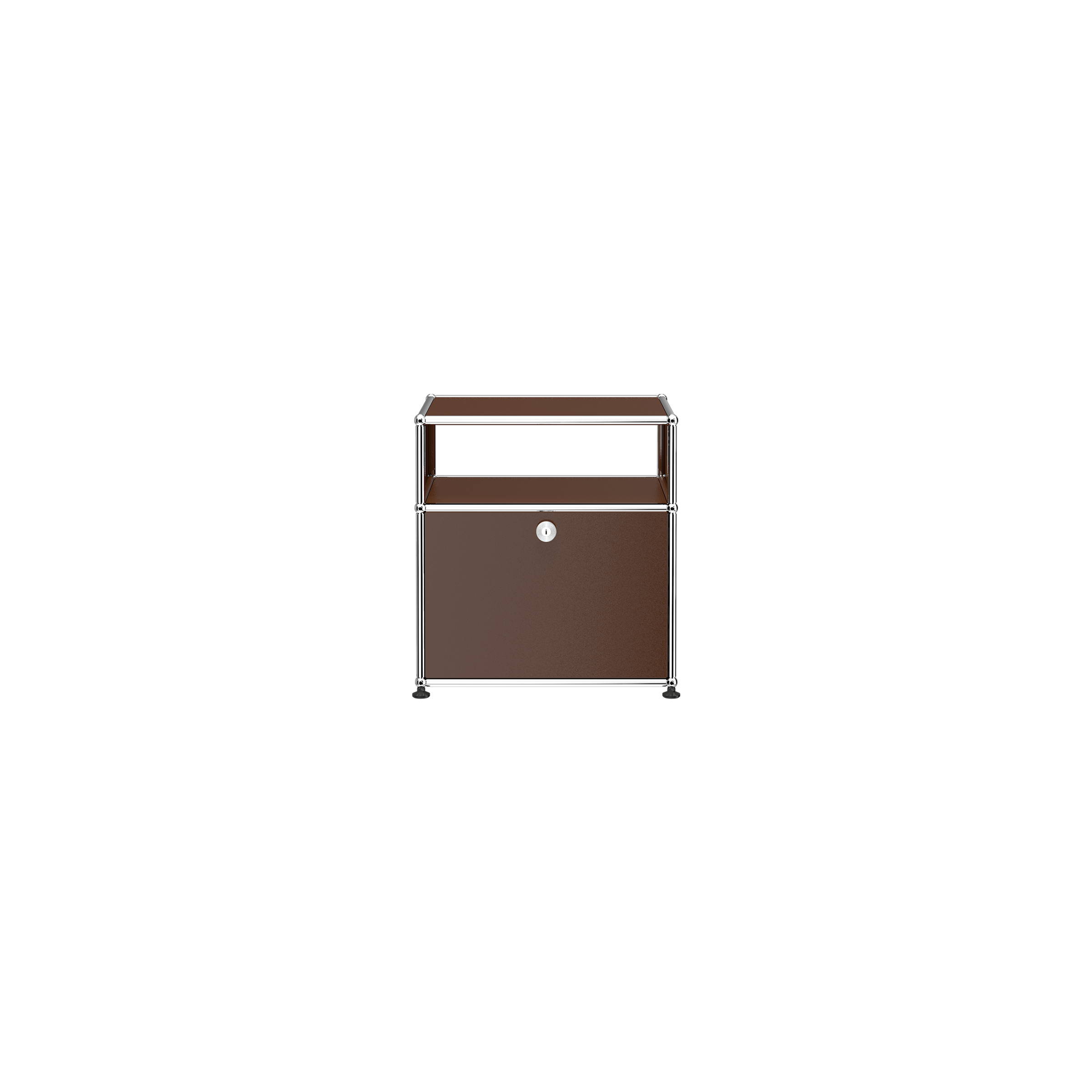 Haller Nightstand P in USM Brown with 6" open shelf, 13" drop-down door, and chrome steel frame.