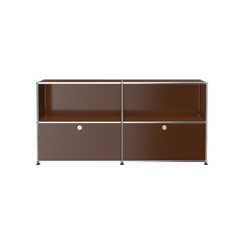 Haller Credenza C2A in USM Brown powder-coated steel with open top shelves and two lockable drop-down doors.