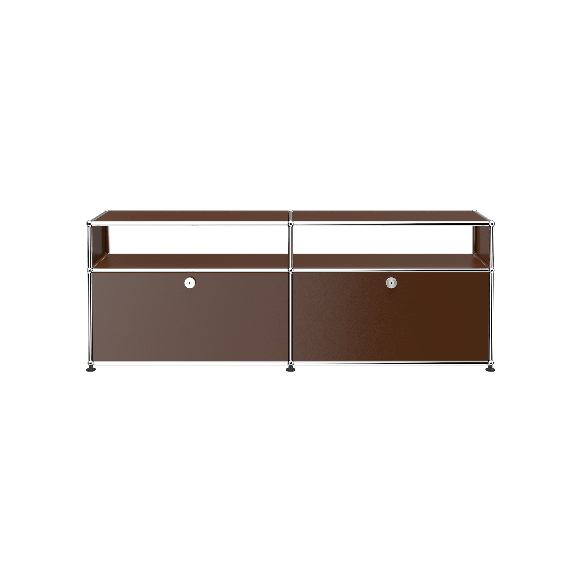 Haller Media O2 credenza in USM Brown with steel frame and two lockable drop-down doors for media storage.