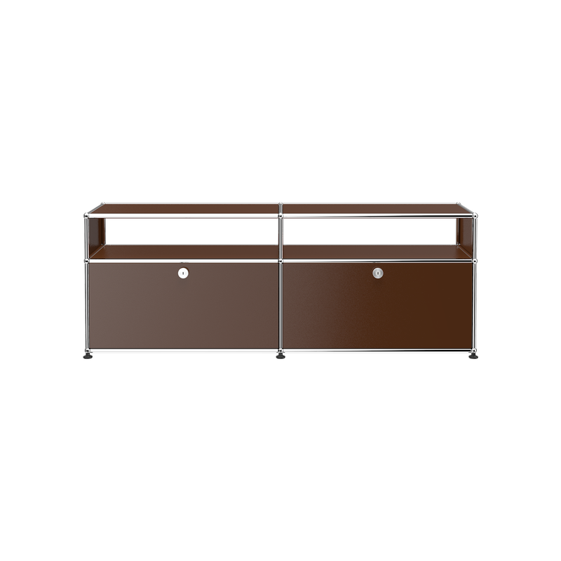 Haller Media O2 credenza in USM Brown with steel frame and two lockable drop-down doors for media storage.